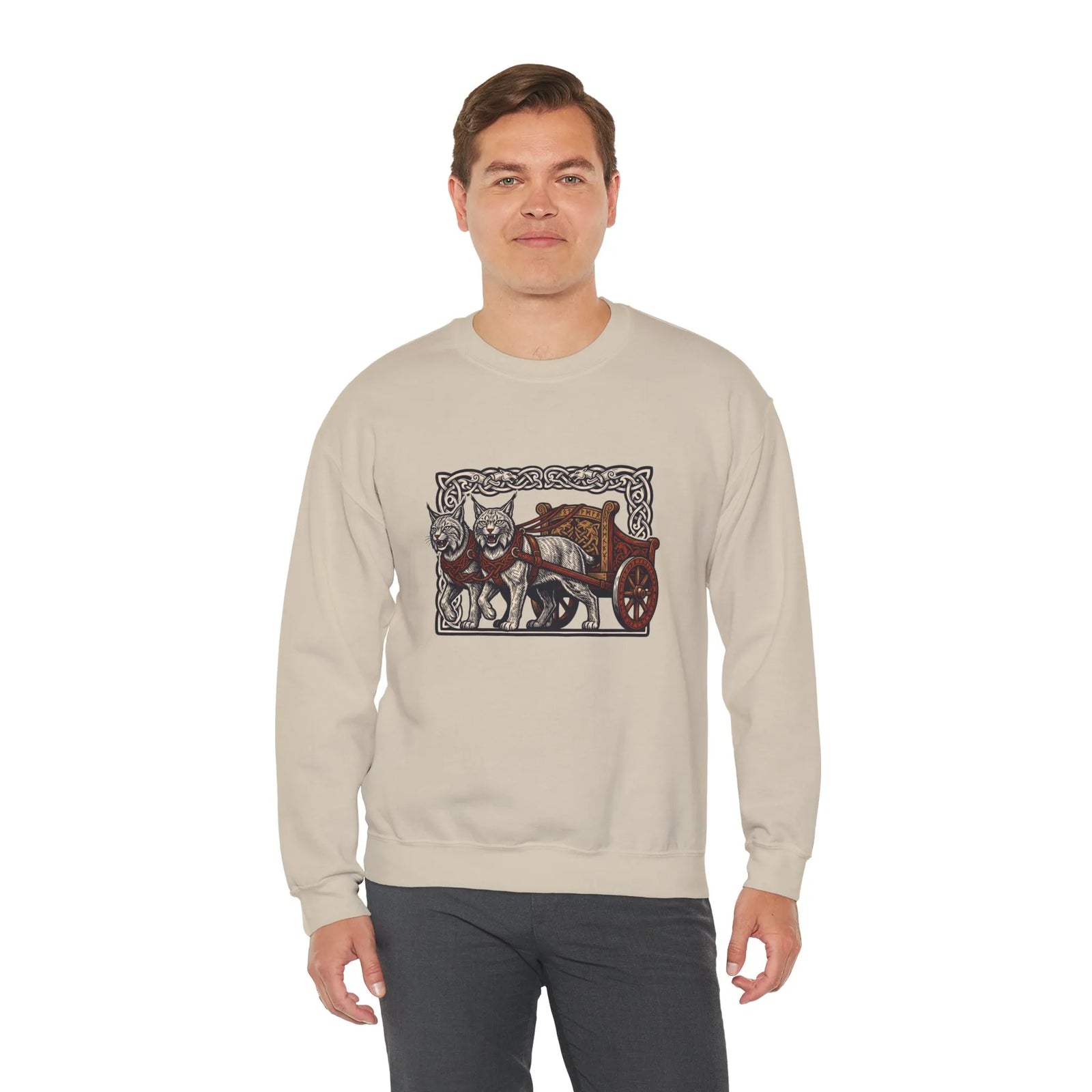 Freyja's Sacred Cats Norse Woodcut Sweatshirt - Heavy Blend Crewneck Fleece - Unisex White