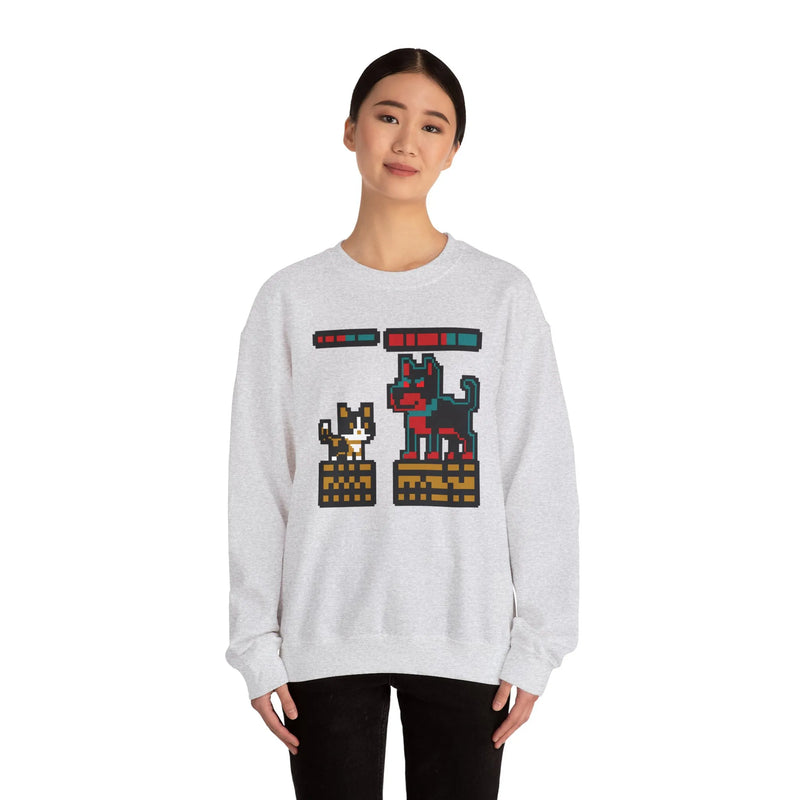 8-Bit Pixel Gaming Cats Boss Fight Sweatshirt - Heavyweight Cotton Blend Crewneck - Unisex Ash