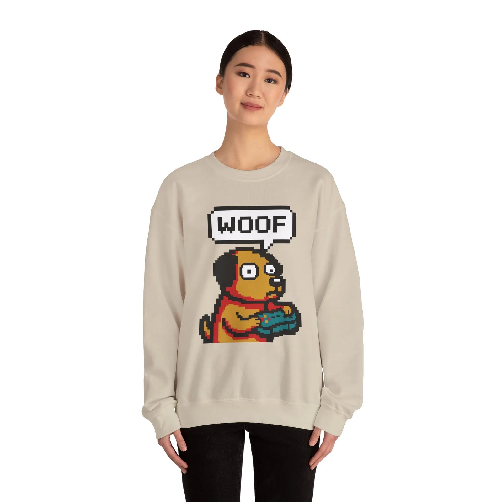 8-Bit Pixel Gaming Dogs Sweatshirt - Heavy Blend Cotton-Poly Crewneck - Unisex White