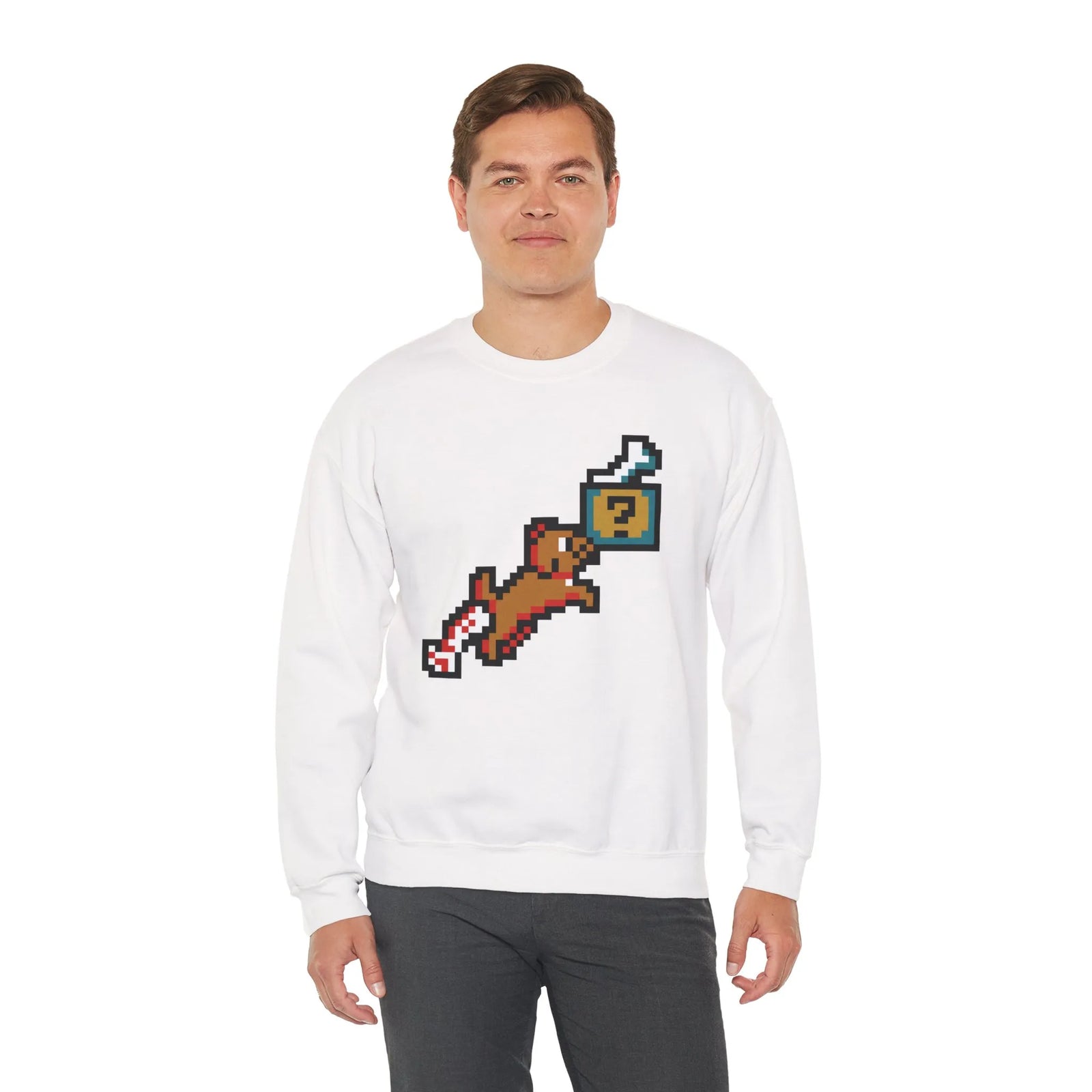 Fetch Quest 8-Bit Pixel Gaming Dog Sweatshirt - Heavy Blend Cotton Polyester Crewneck - Unisex White