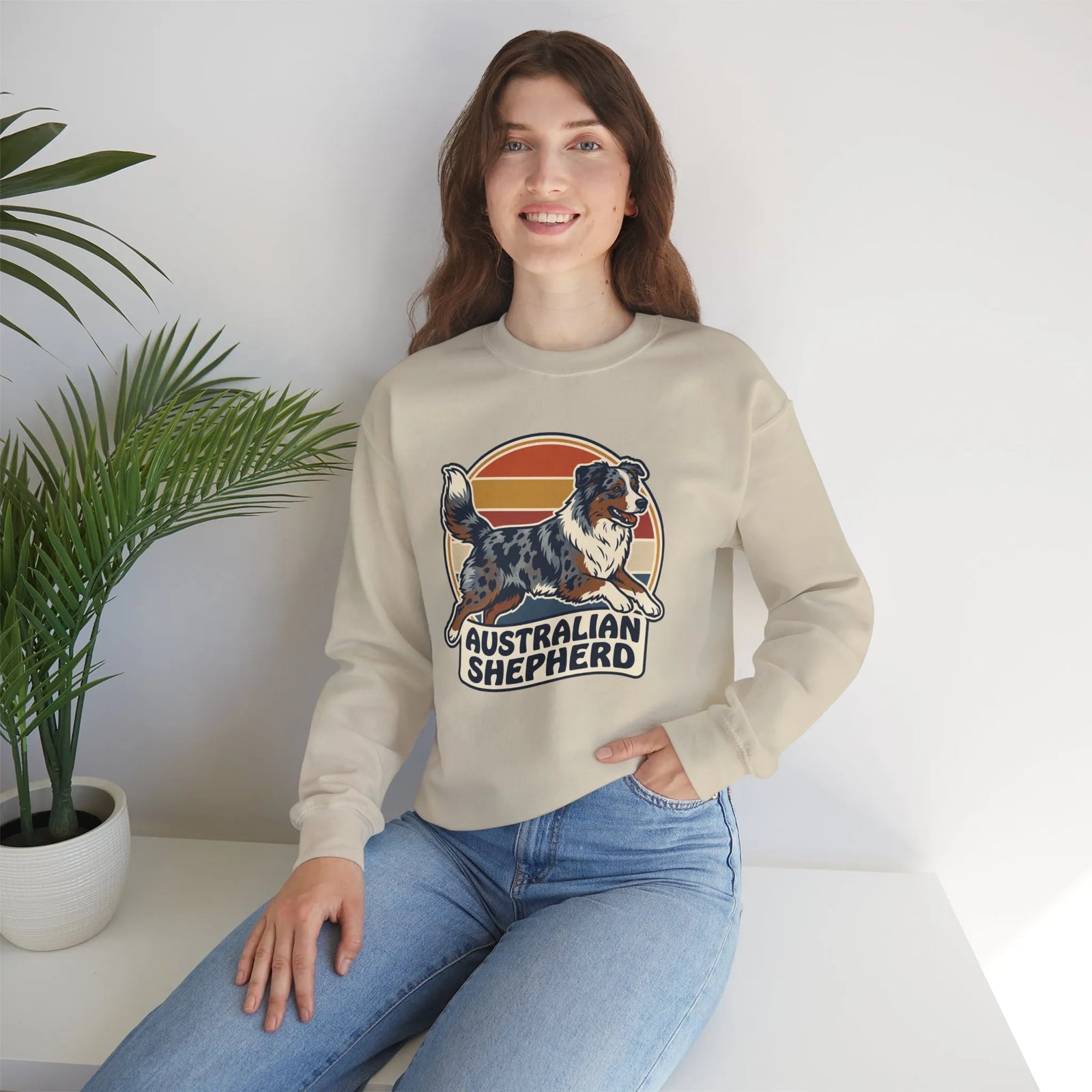 Australian Shepherd Retro 70s Sunset Sweatshirt - Heavy Blend Cotton Poly Crewneck - Unisex White