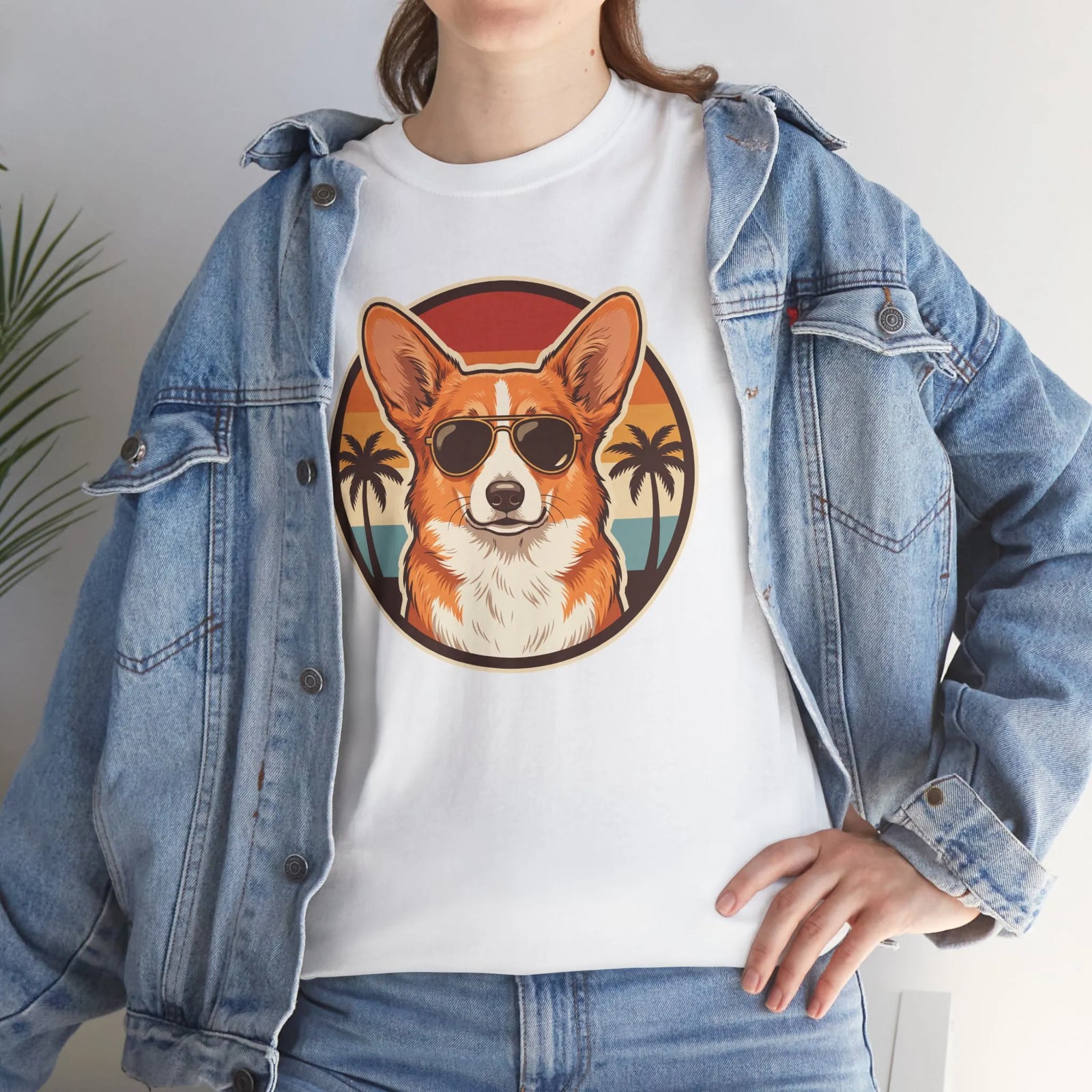 Cool Corgi Aviator Sunset T-Shirt - Heavy Cotton Classic Fit Tee - Unisex White