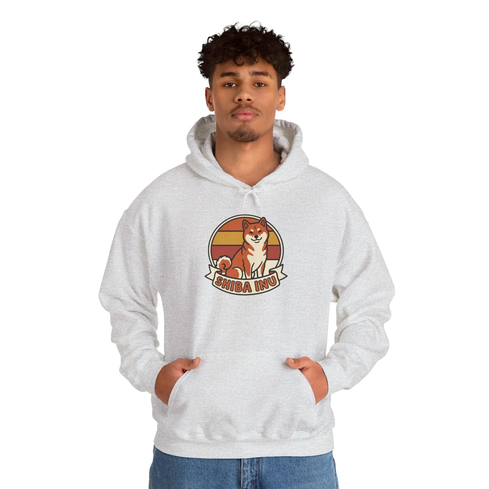 Shiba Inu Retro 70s Sunset Graphic Hoodie - Medium-Heavy Cotton Blend Fleece - Unisex White