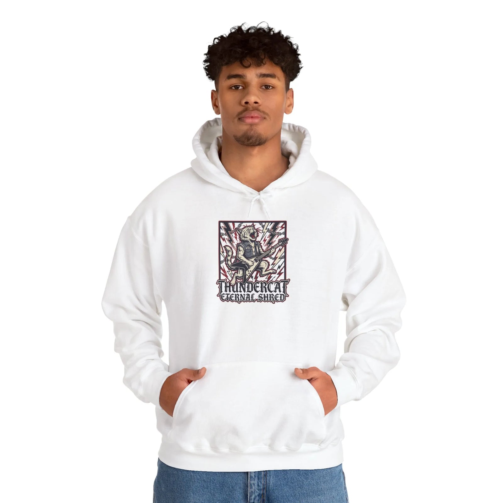 Guitar Solo Heavy Metal Rocker Cats Hoodie - Soft Cotton Blend Pullover - Unisex White