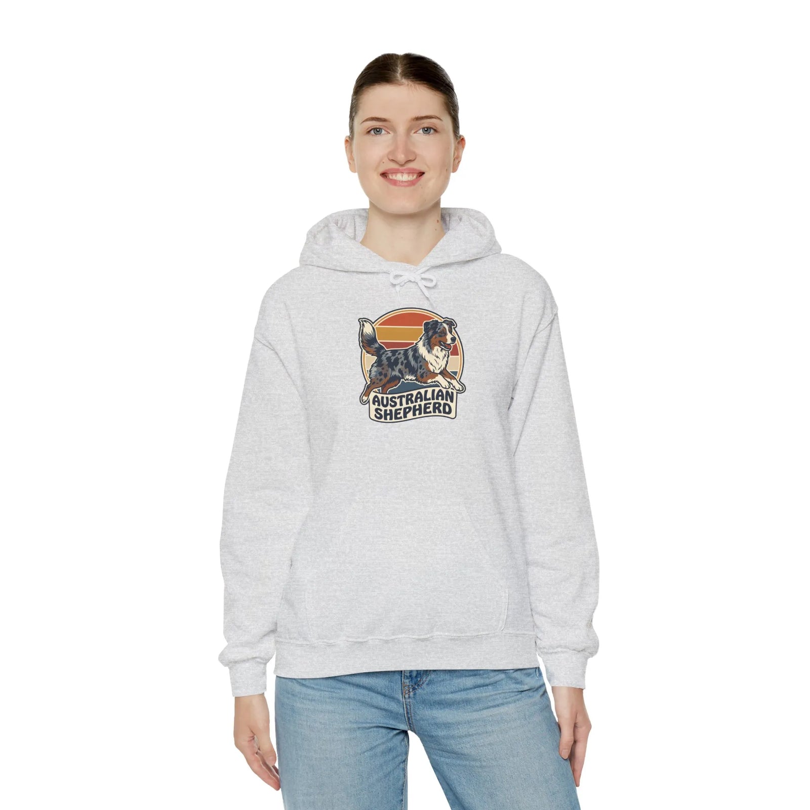 Australian Shepherd Retro 70s Sunset Hoodie - Heavy Blend Fleece Pullover - Unisex White