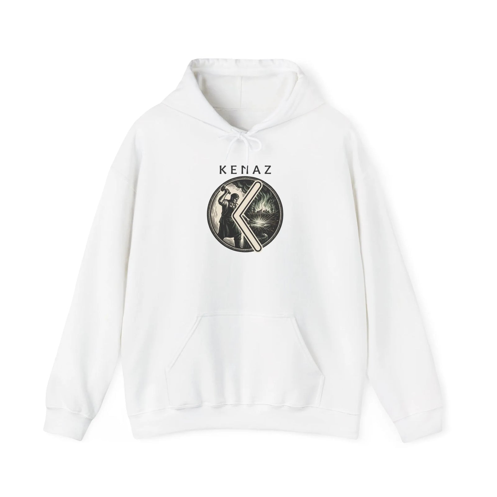 Kenaz Rune Forge Blacksmith Hoodie - Heavy Blend Fleece Pullover - Unisex Off White