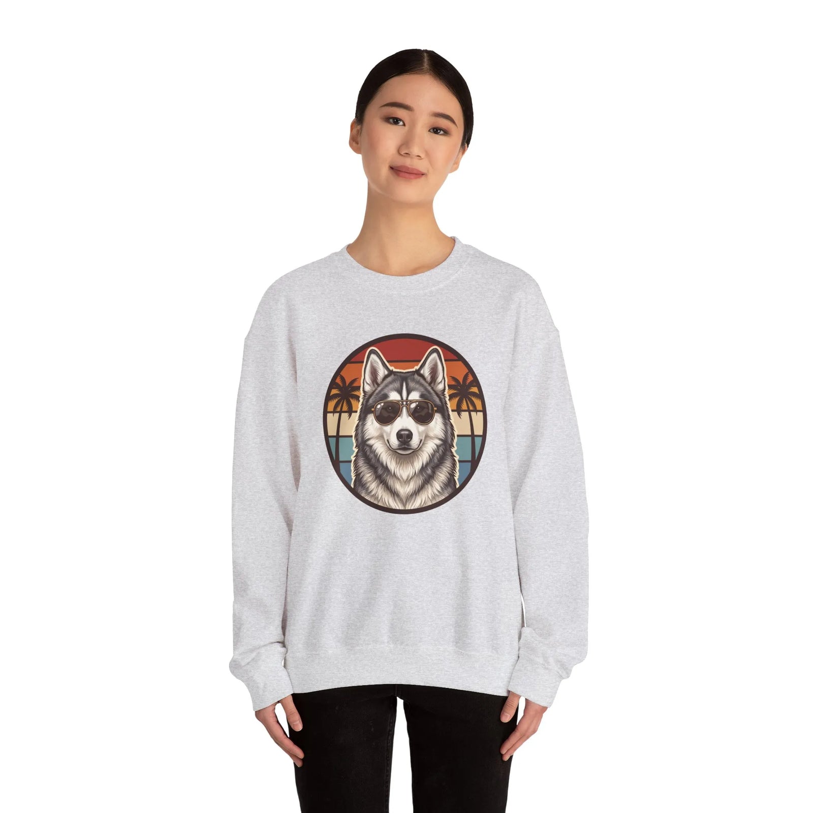 Siberian Husky 70s Sunset Aviators Sweatshirt - Heavyweight Cotton Blend Crewneck - Unisex White