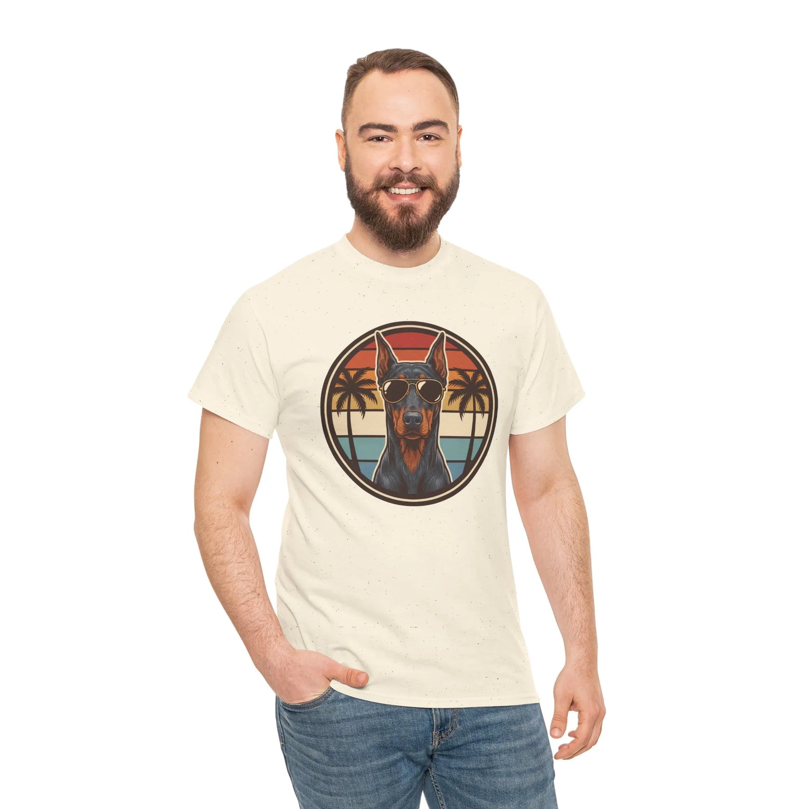Doberman 70s Sunset Aviators T-Shirt - Heavy Cotton Classic Fit Tee - Unisex White