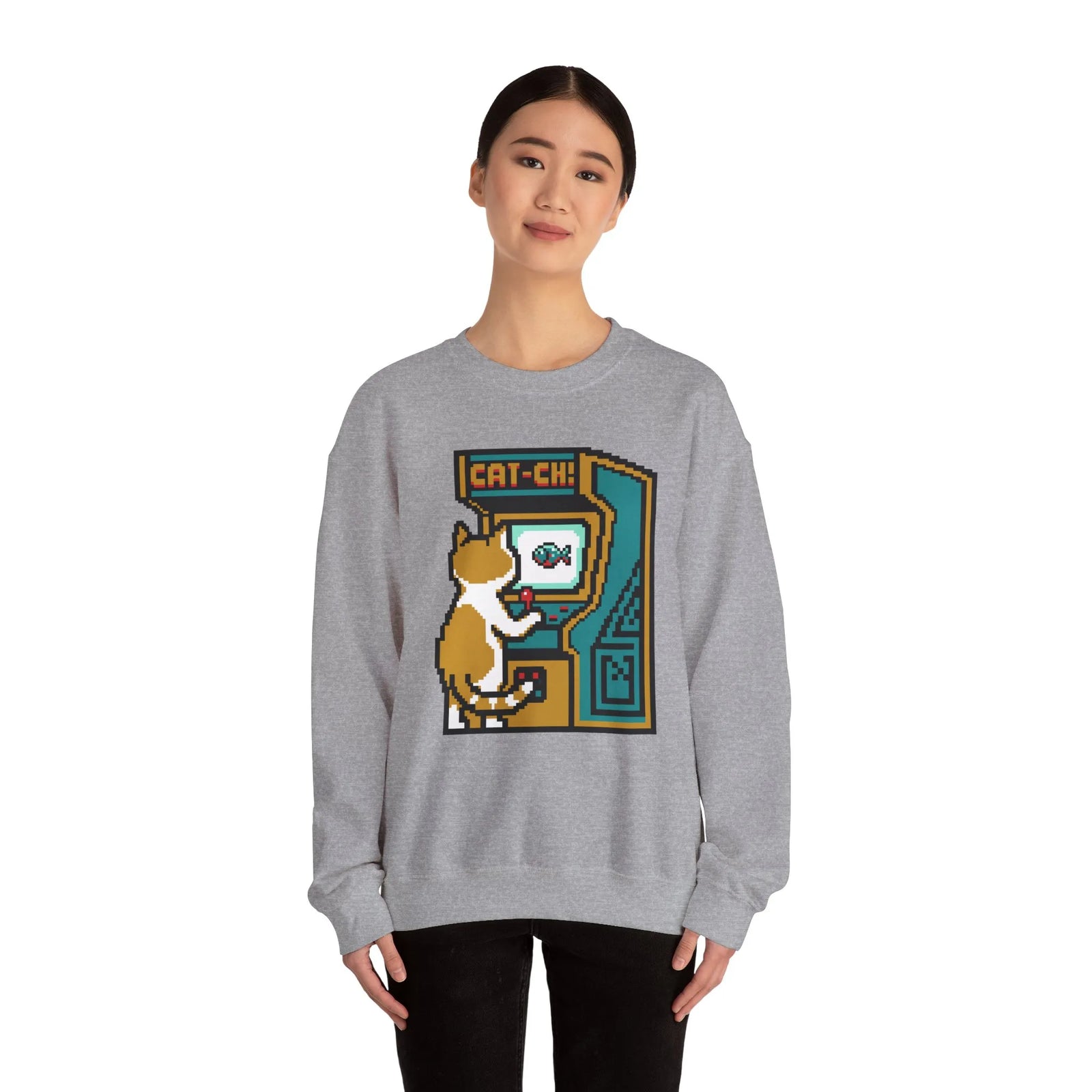 Arcade Night Pixel Gaming Cats Sweatshirt - Heavy Blend Fleece Crewneck - Unisex White