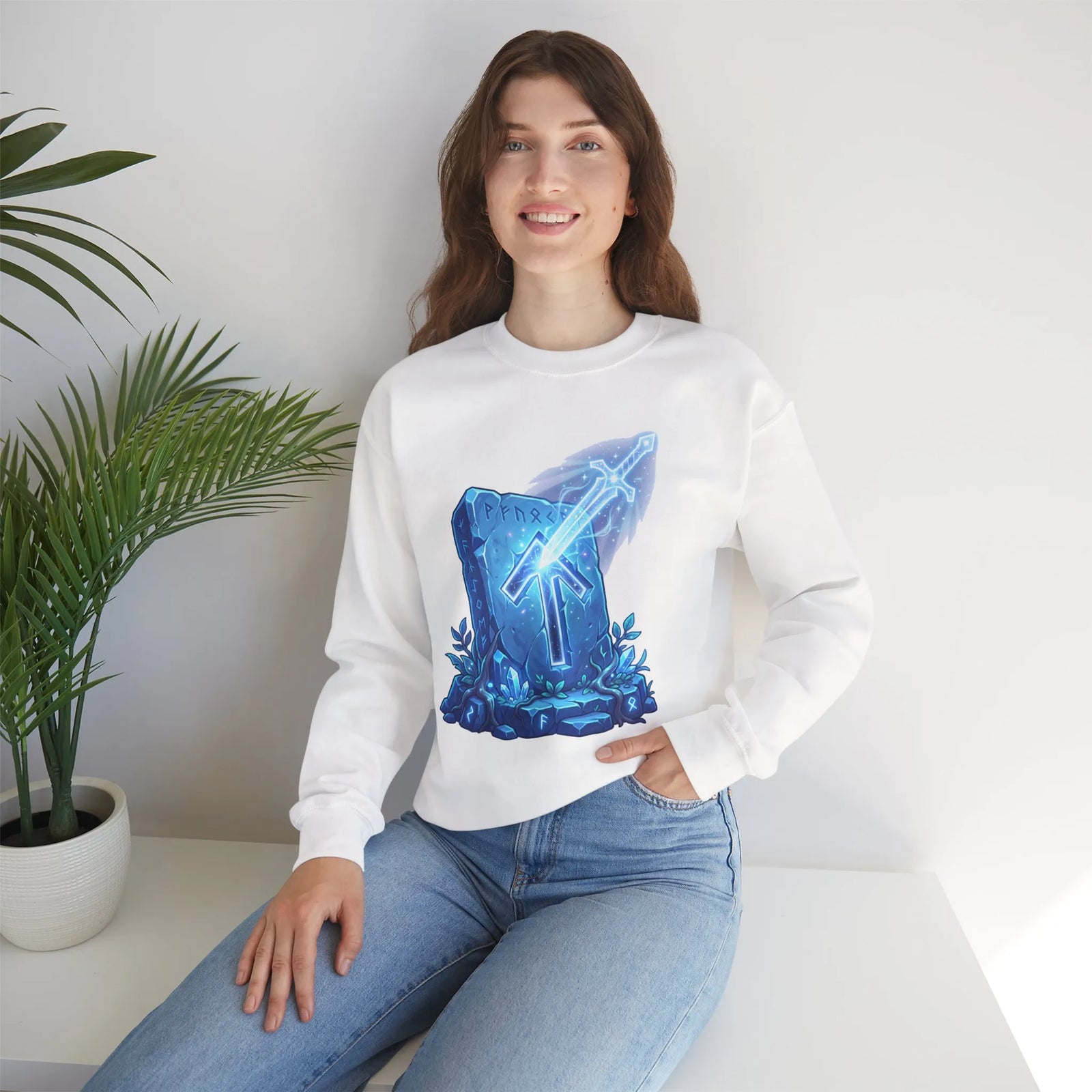 Tiwaz Rune Sword Graphic Sweatshirt - Heavy Blend Crewneck Fit - Unisex White
