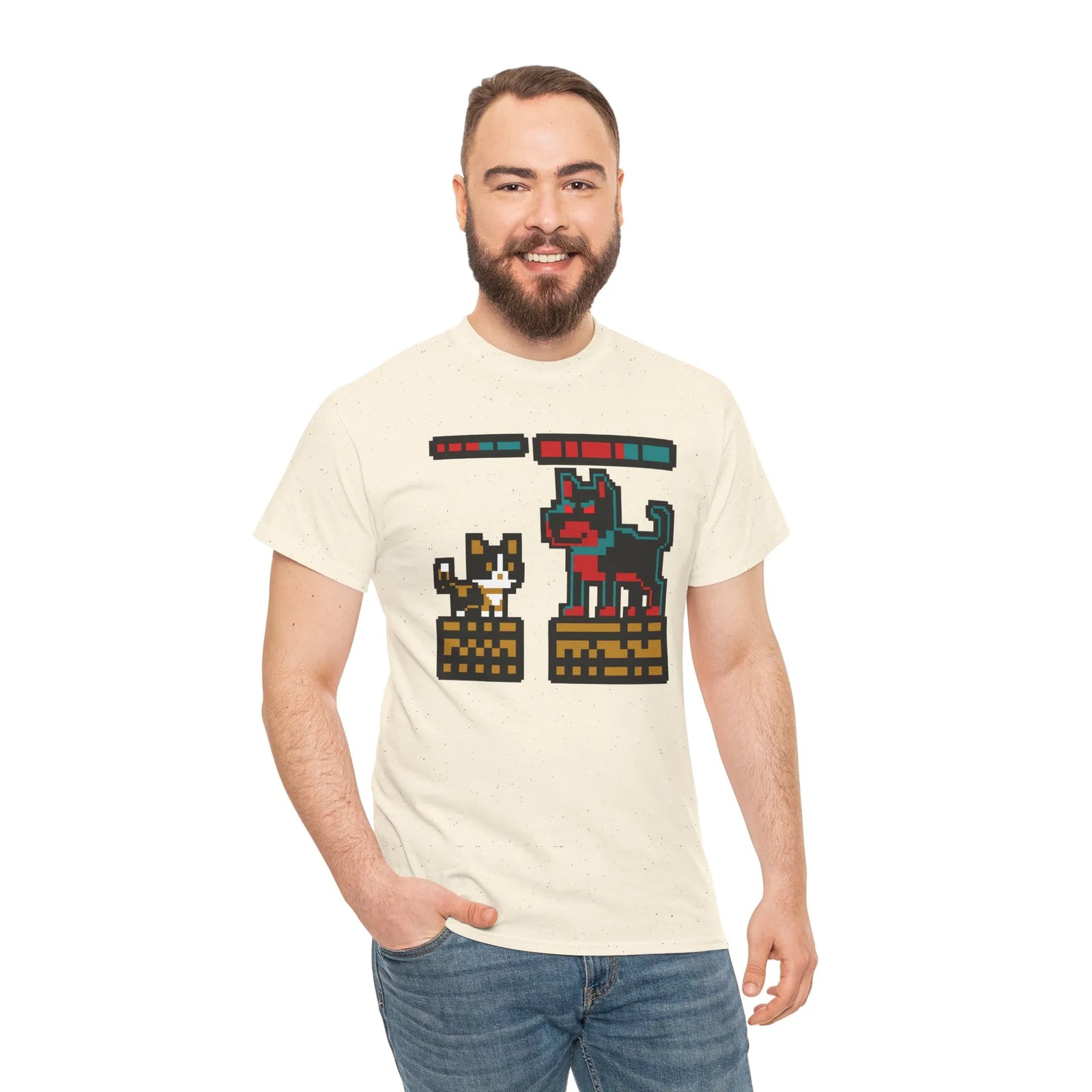 8-Bit Pixel Gaming Cats Boss Fight T-Shirt - Heavy Cotton Classic Fit Tee - Unisex White