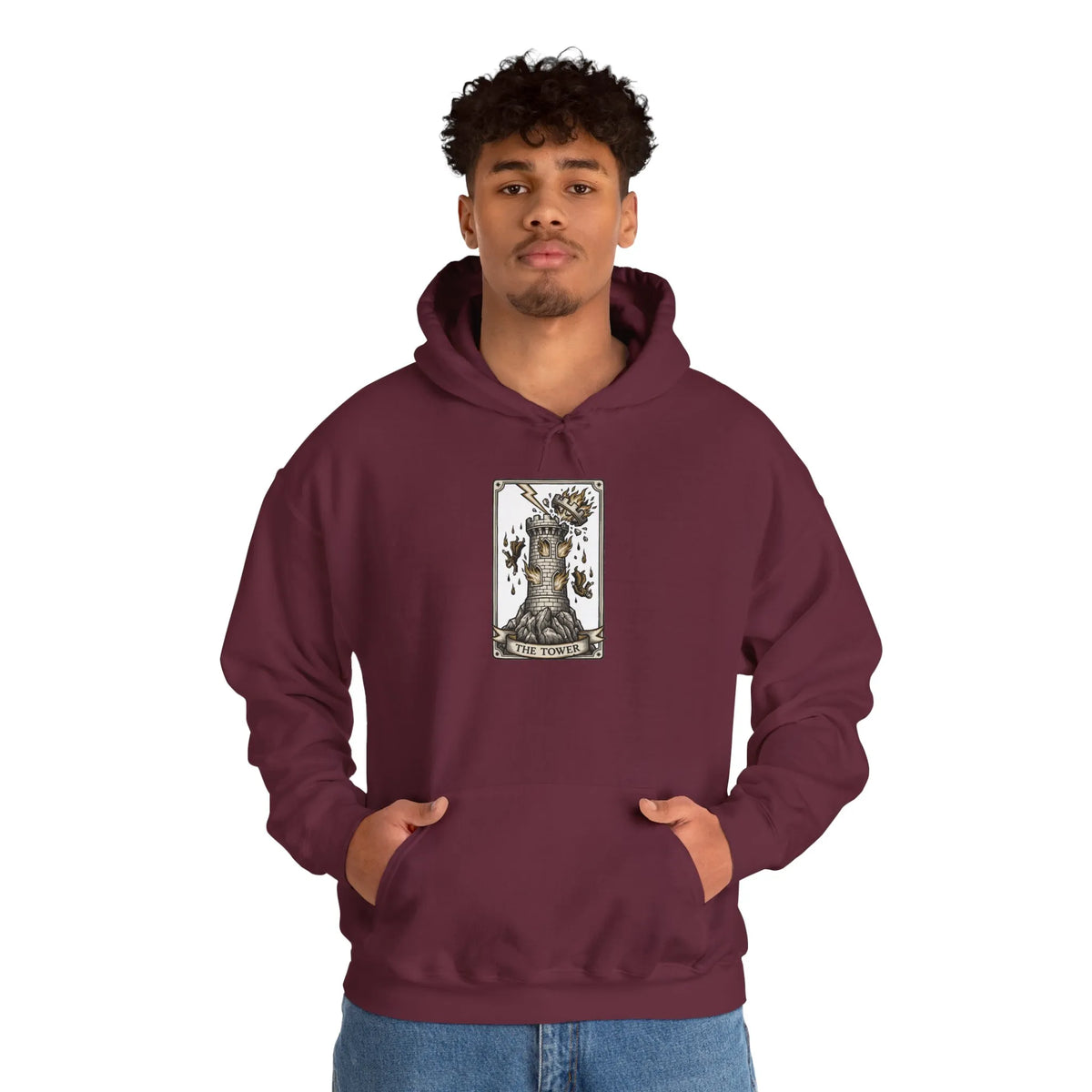 The Tower Tarot Card Hoodie - Heavy Blend Fleece Pullover - Unisex White