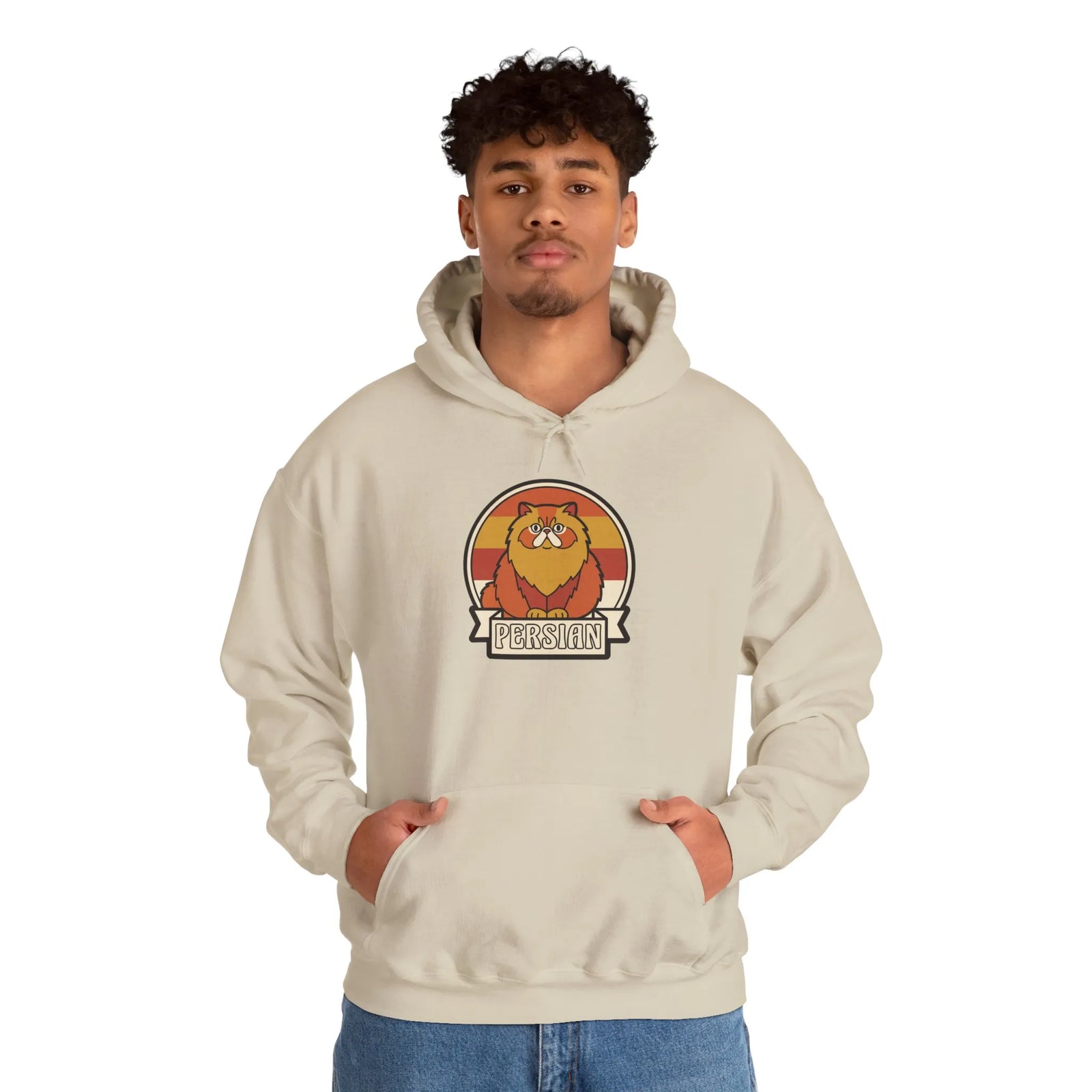 Retro 70s Persian Cat Sunset Hoodie - Cotton Poly Blend Fleece Pullover - Unisex White