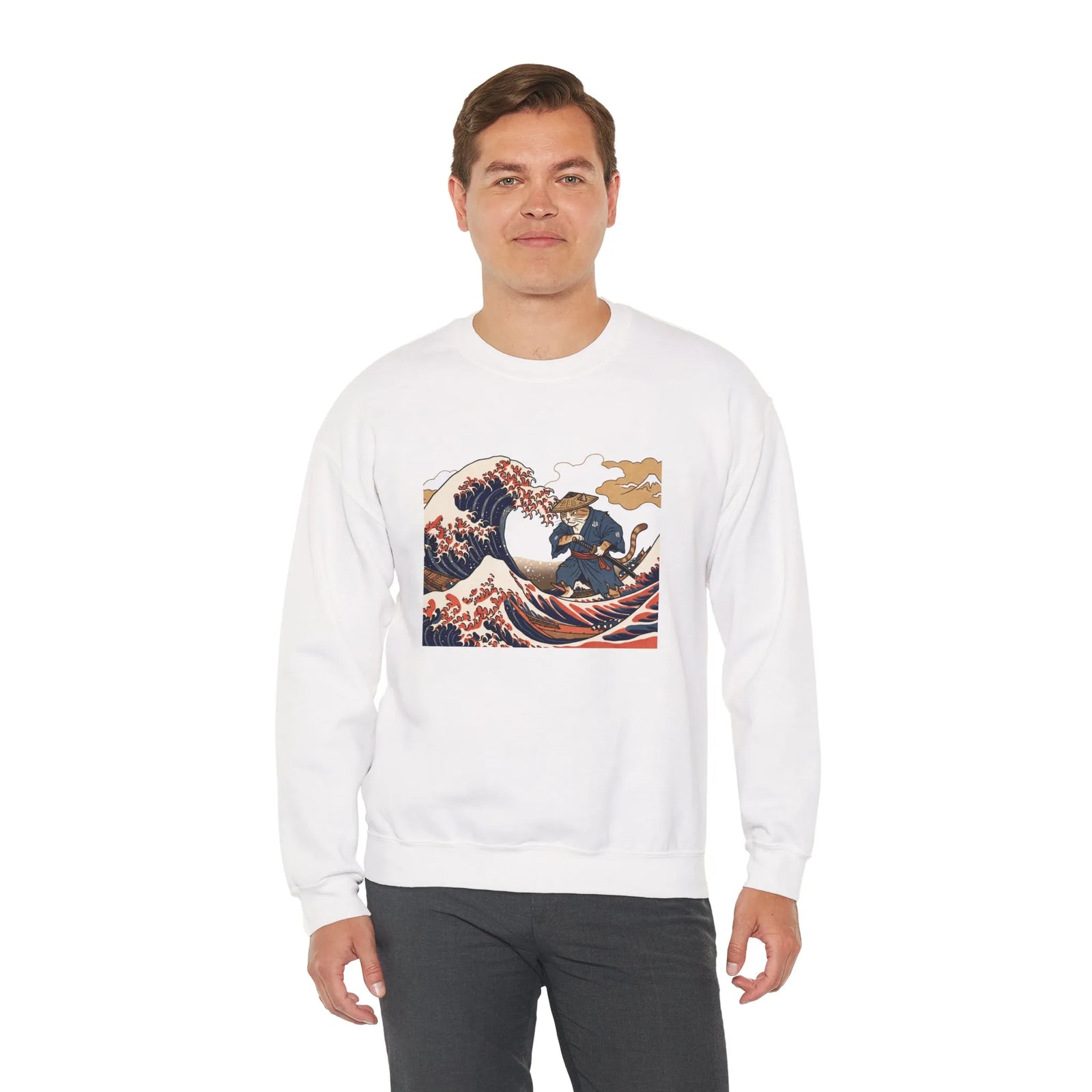 Ukiyo-e Samurai Cat Great Wave Sweatshirt - Heavy Blend Cotton Blend Crewneck - Unisex White