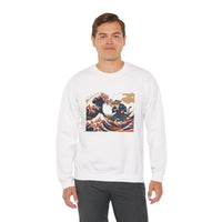 Ukiyo-e Samurai Cat Great Wave Sweatshirt - Heavy Blend Cotton Blend Crewneck - Unisex White