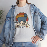 Russian Blue Retro 70s Sunset T-Shirt - Heavy Cotton Classic Fit Tee - Unisex White