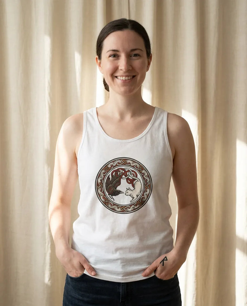 Cat and Raven Norse Woodcut Tank Top - Lightweight Ringspun Cotton Jersey - Unisex White