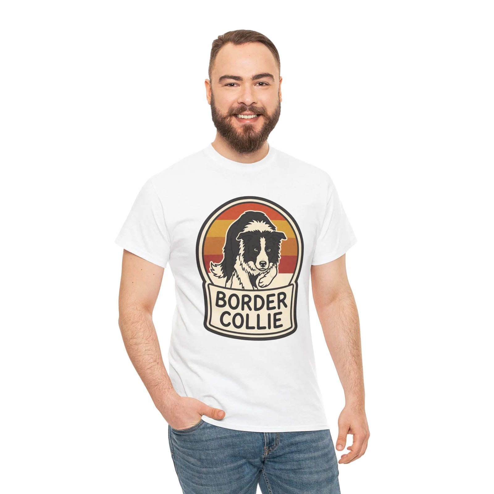 Border Collie Retro 70s Sunset T-Shirt - Heavy Cotton Classic Fit Tee - Unisex White