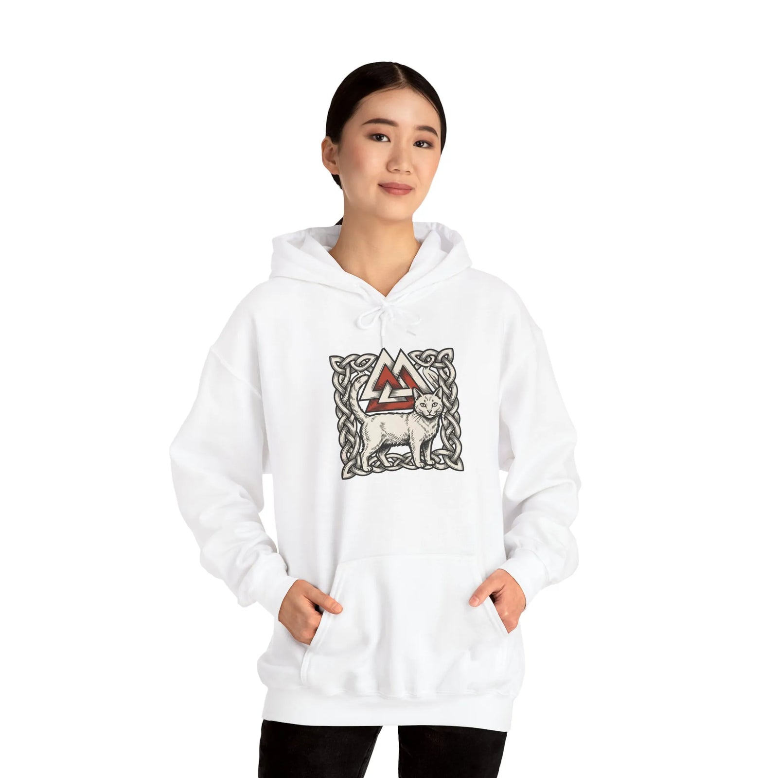 Valknut Cat Freyja's Sacred Cats Hoodie - Medium Weight Cotton Blend Pullover - Unisex White