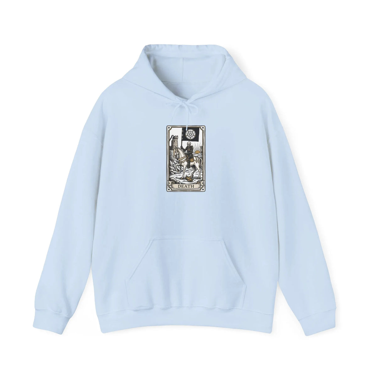 Death Tarot Card Graphic Hoodie - Medium-Heavy Cotton-Poly Blend Pullover - Unisex White