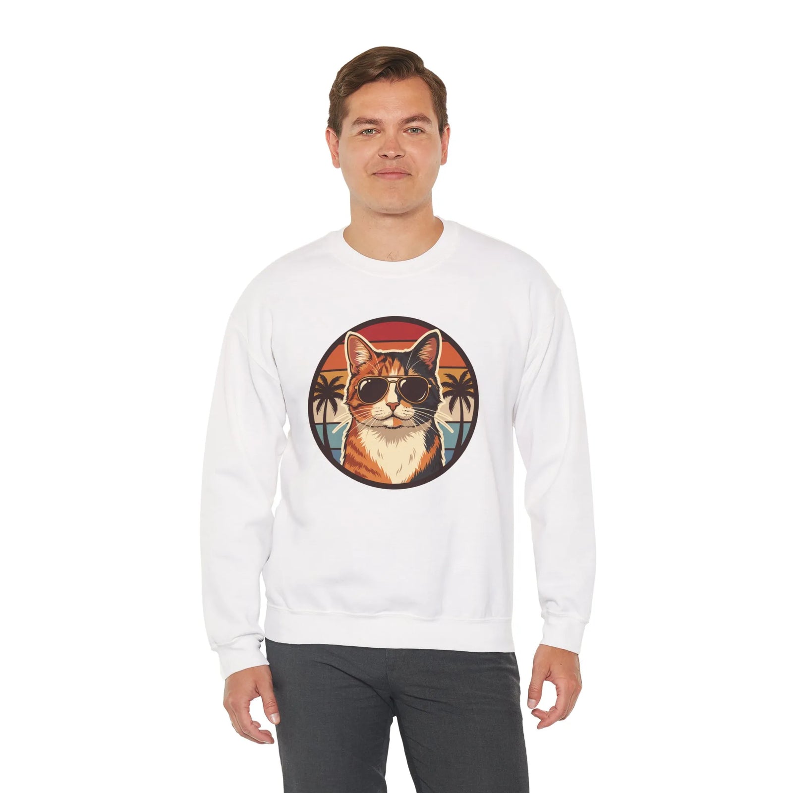 Calico Cool Cats 70s Sunset Aviators Sweatshirt - Medium Heavyweight Fleece Crewneck - Unisex White