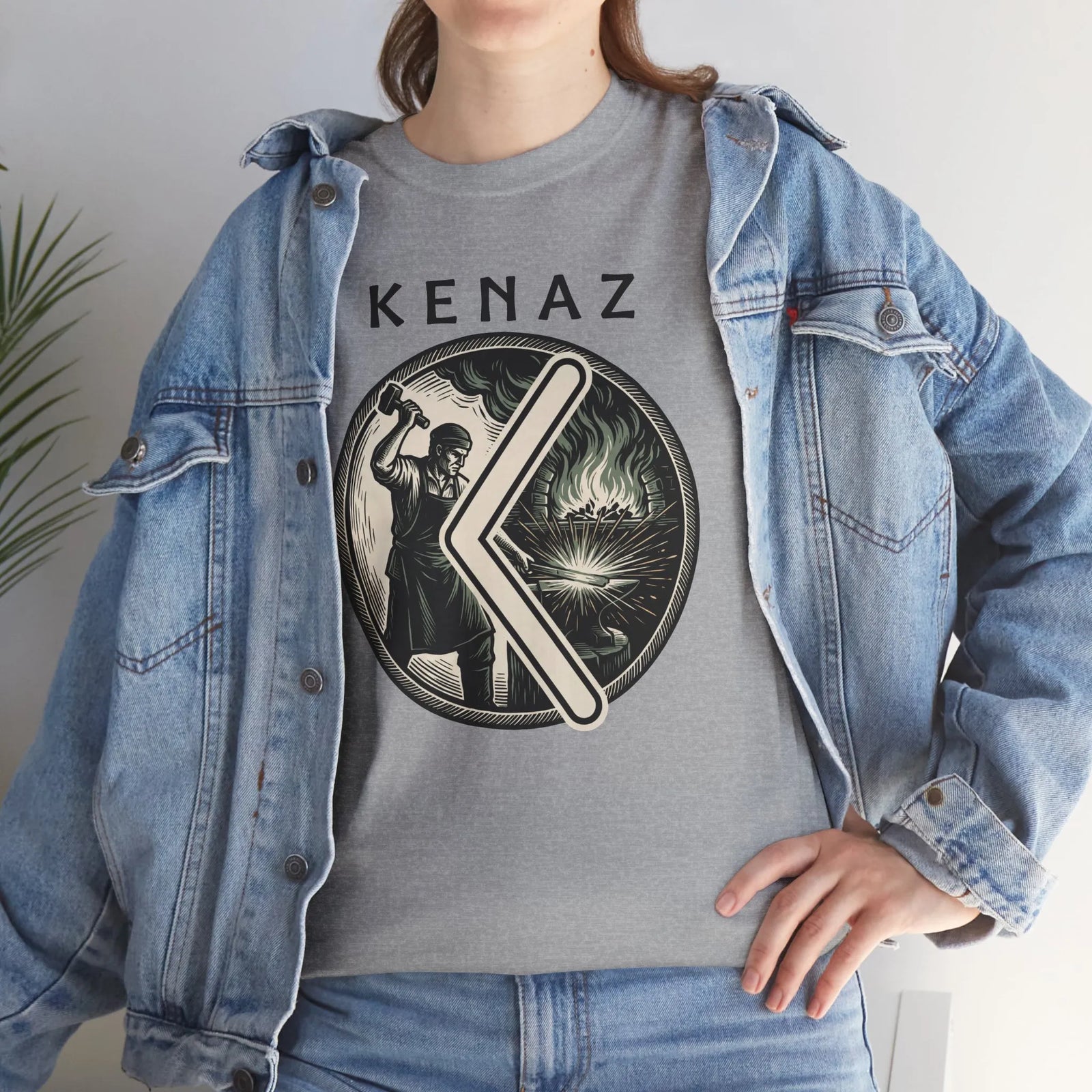 Kenaz Rune Forge Blacksmith T-Shirt - Heavyweight 100% Cotton Classic Fit Tee - Unisex White
