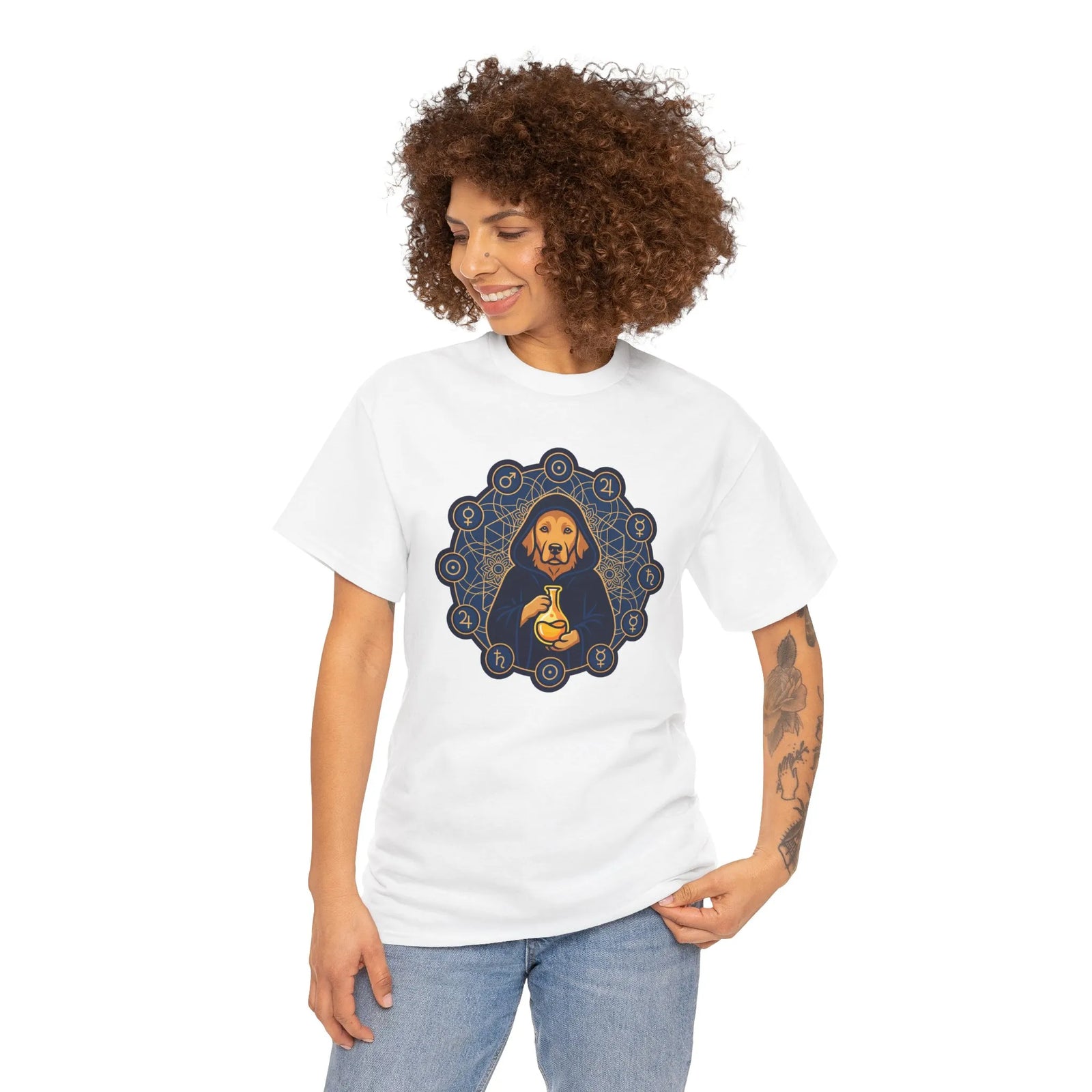 Alchemist Dog Sacred Geometry T-Shirt - Heavy Cotton Classic Fit Tee - Unisex White