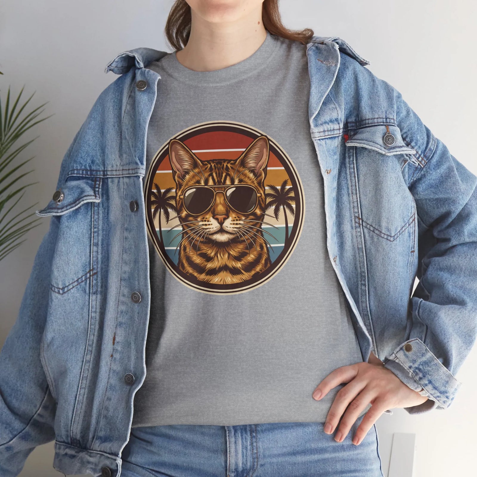 Bengal Cat Aviator Sunset T-Shirt - Heavy Cotton Classic Fit Tee - Unisex White