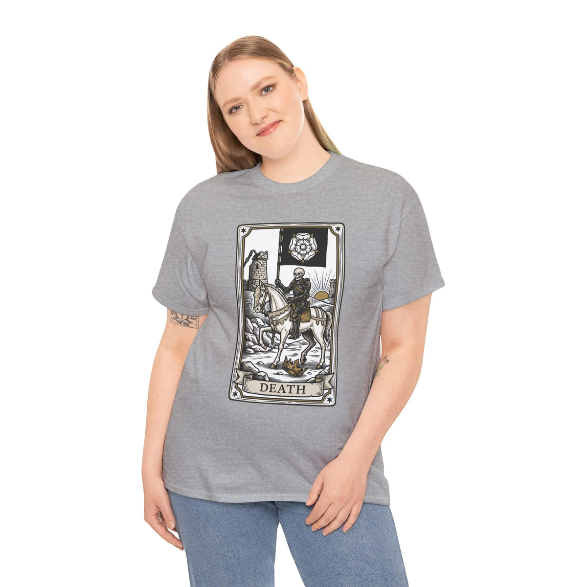 Death Tarot Card Knight Graphic T-Shirt - Heavyweight 100% Cotton Classic Fit Tee - Unisex White