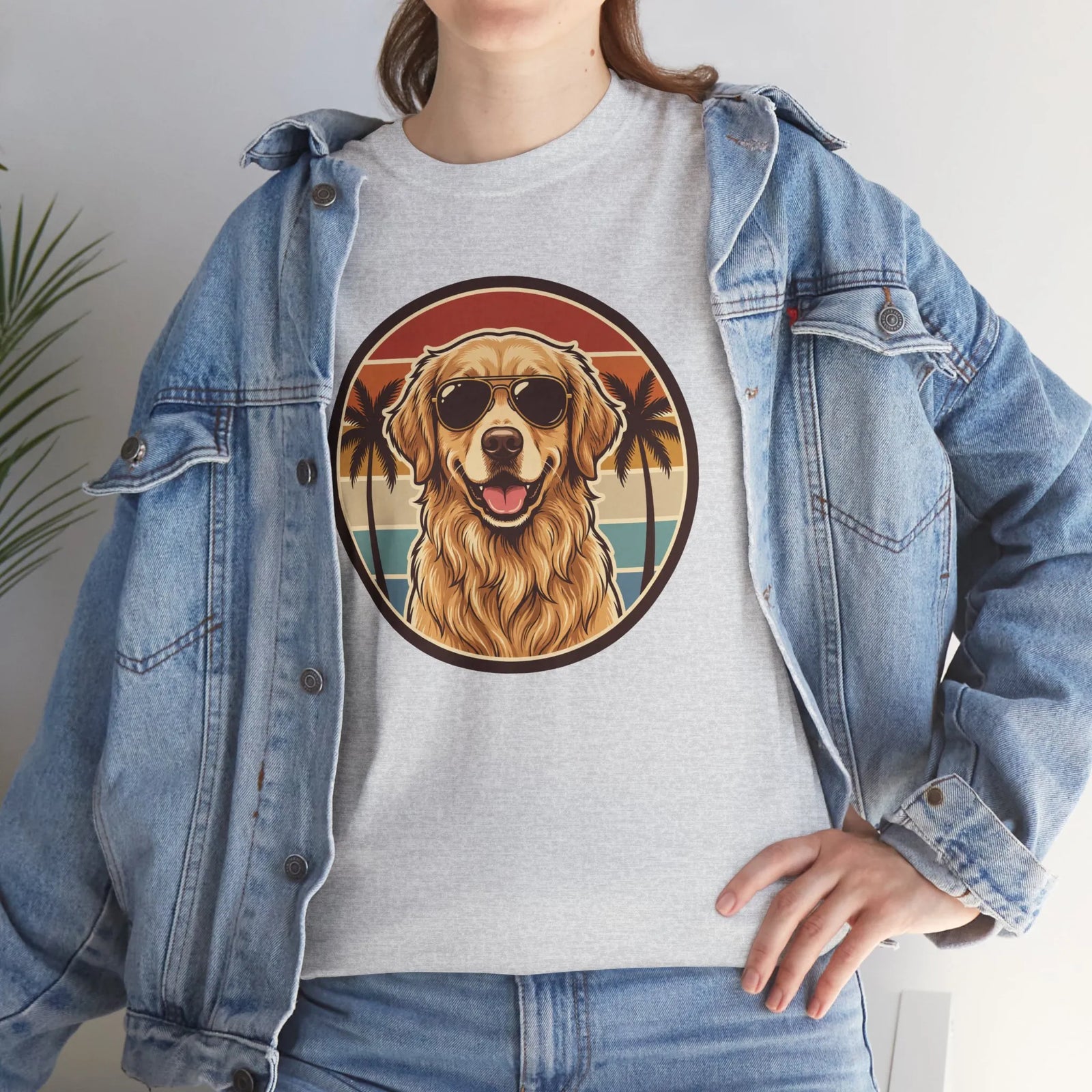 Golden Retriever Sunset Aviator T-Shirt - Heavy Cotton Classic Fit Tee - Unisex White
