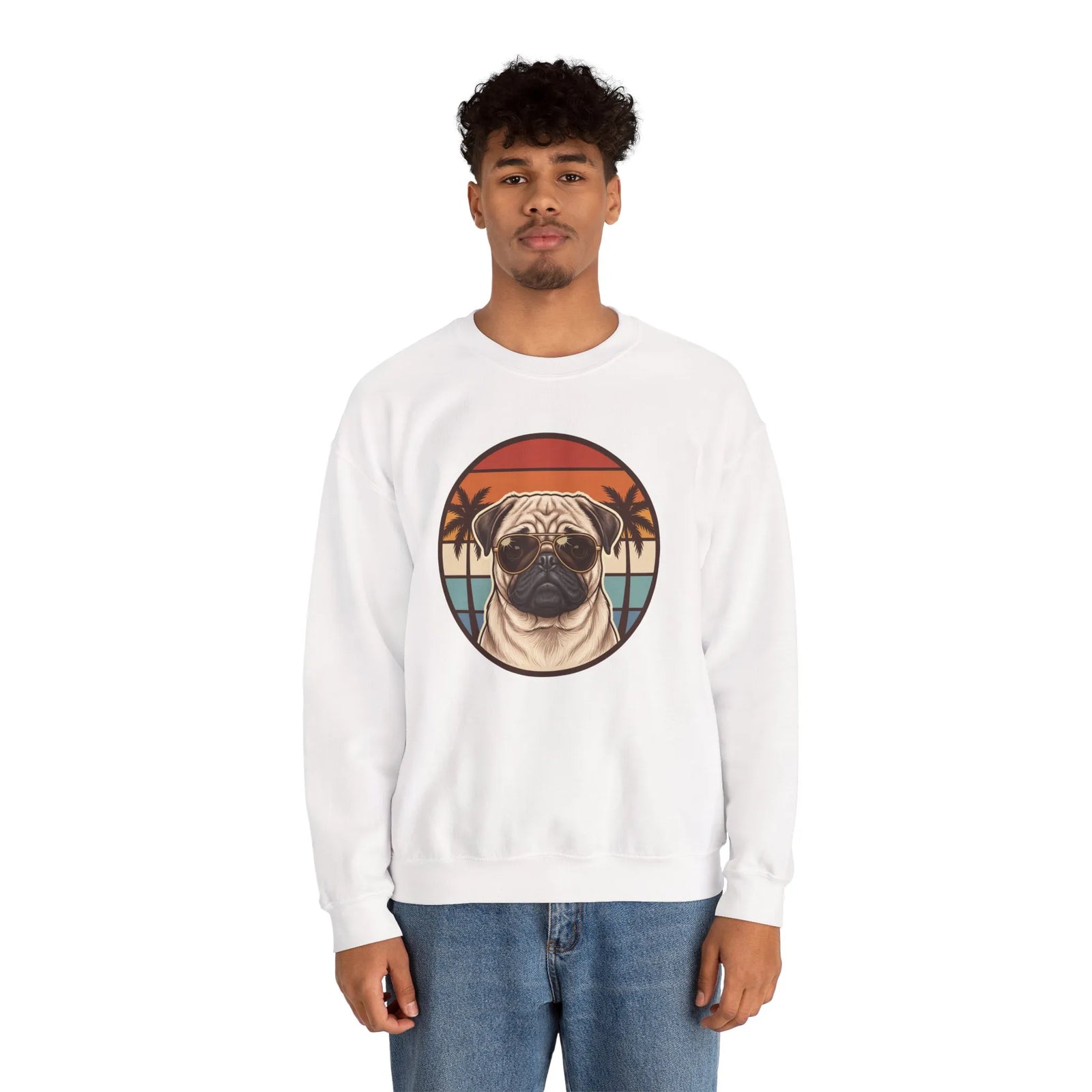 Pug Aviator Dog 70s Sunset Sweatshirt - Heavy Blend Fleece Crewneck - Unisex White