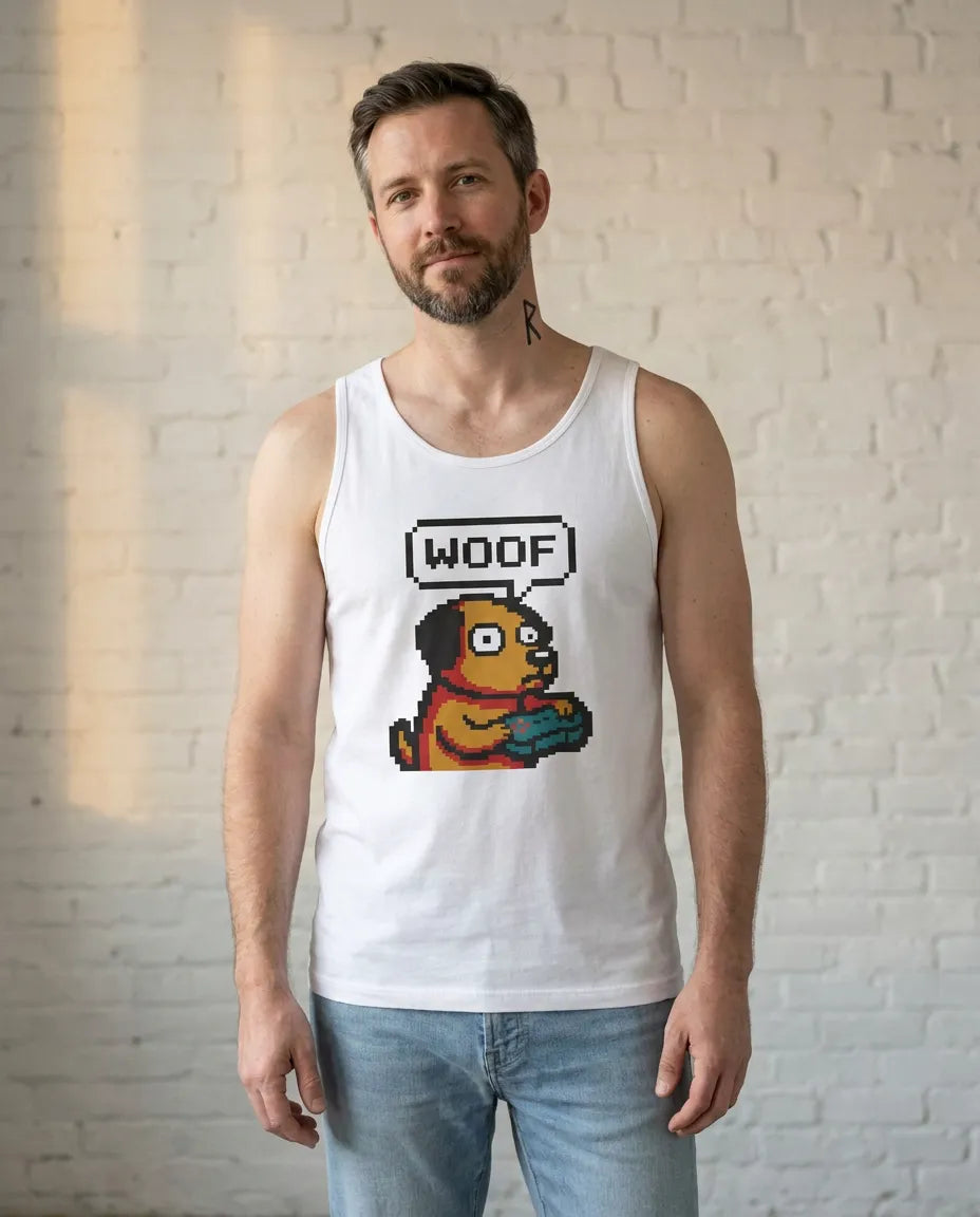 Player One 8-Bit Gaming Dog Tank Top - Soft Combed Cotton Jersey Fit - Unisex White
