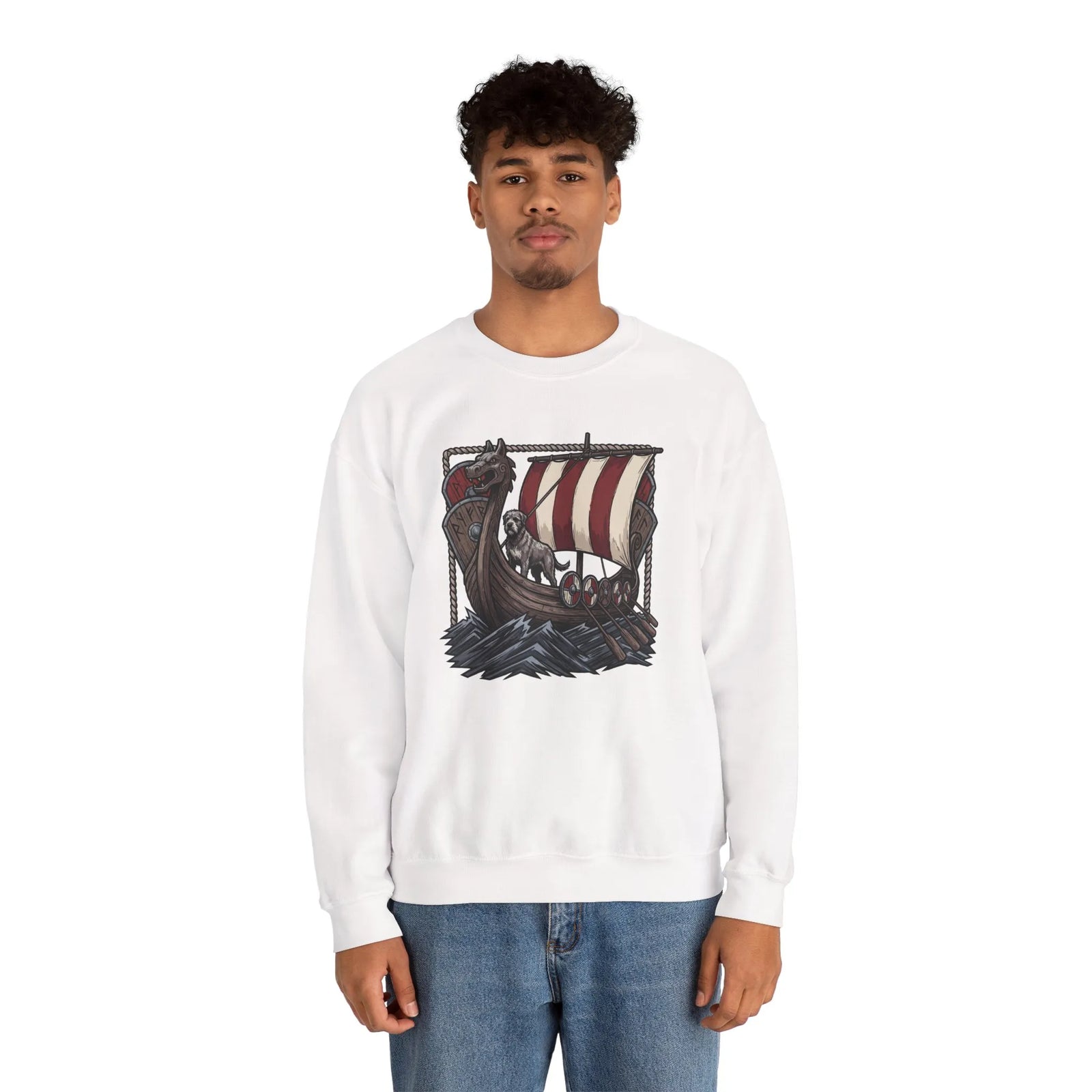 Viking Berserker Dogs Longship Prow Sweatshirt - Heavy Blend Cotton Poly Crewneck - Unisex White