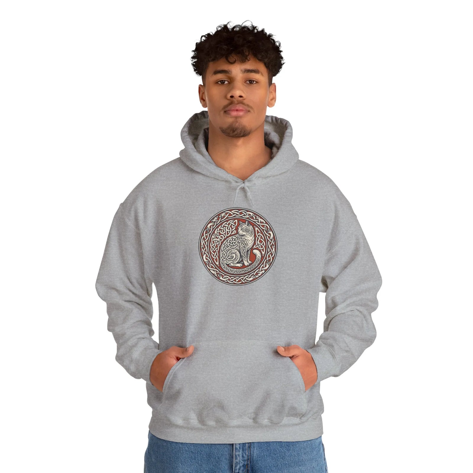 Freyja's Sacred Cat Woodcut Hoodie - Heavy Blend Cotton Poly Pullover - Unisex White