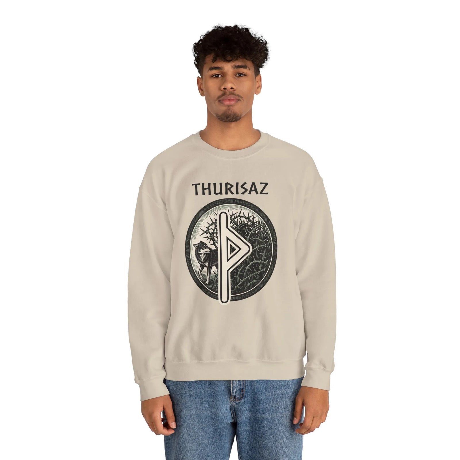 Norse Thurisaz Rune Wolf Sweatshirt - Heavy Blend Fleece Crewneck - Unisex Off White