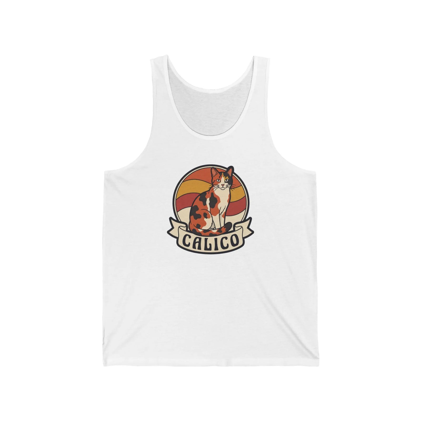 Calico Cat Retro Sunset Tank Top - Lightweight Cotton Jersey Retail Fit - Unisex White