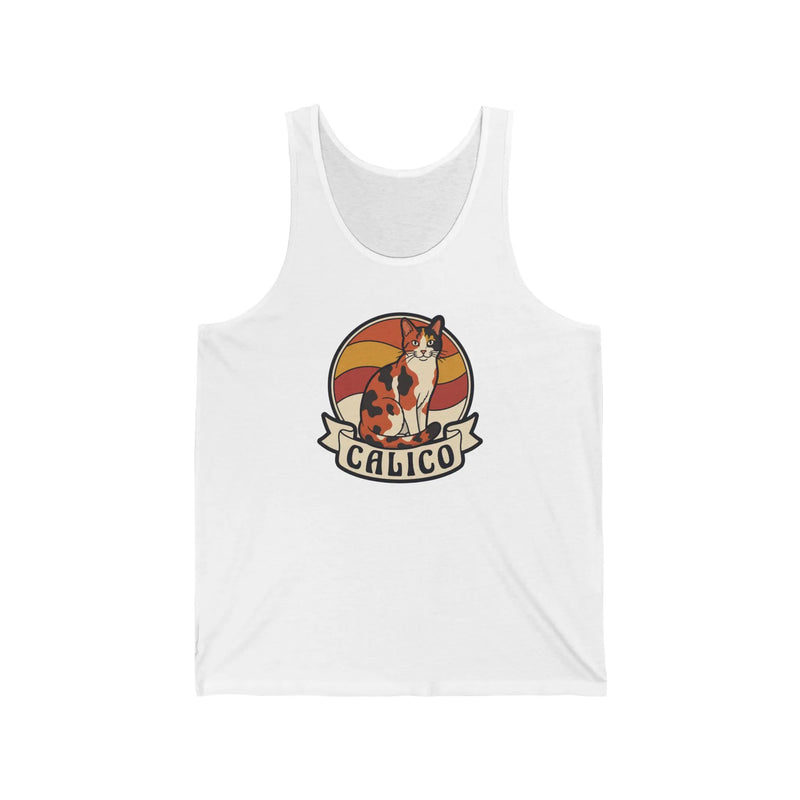 Calico Cat Retro Sunset Tank Top - Lightweight Cotton Jersey Retail Fit - Unisex White