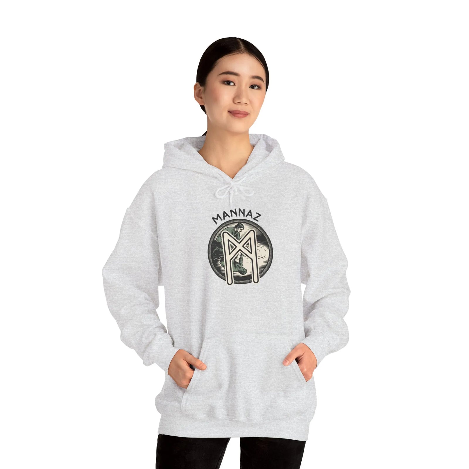 Mannaz Rune Symbol Graphic Hoodie - Heavy Blend Fleece Pullover - Unisex White