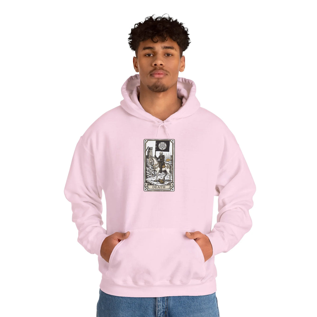 Death Tarot Card Graphic Hoodie - Medium-Heavy Cotton-Poly Blend Pullover - Unisex White