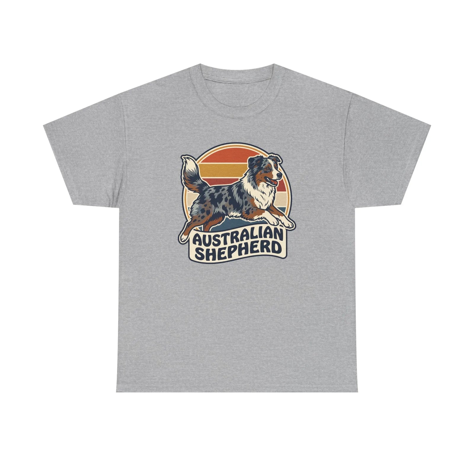 Australian Shepherd Retro 70s Sunset T-Shirt - Heavy Cotton Classic Fit Tee - Unisex White