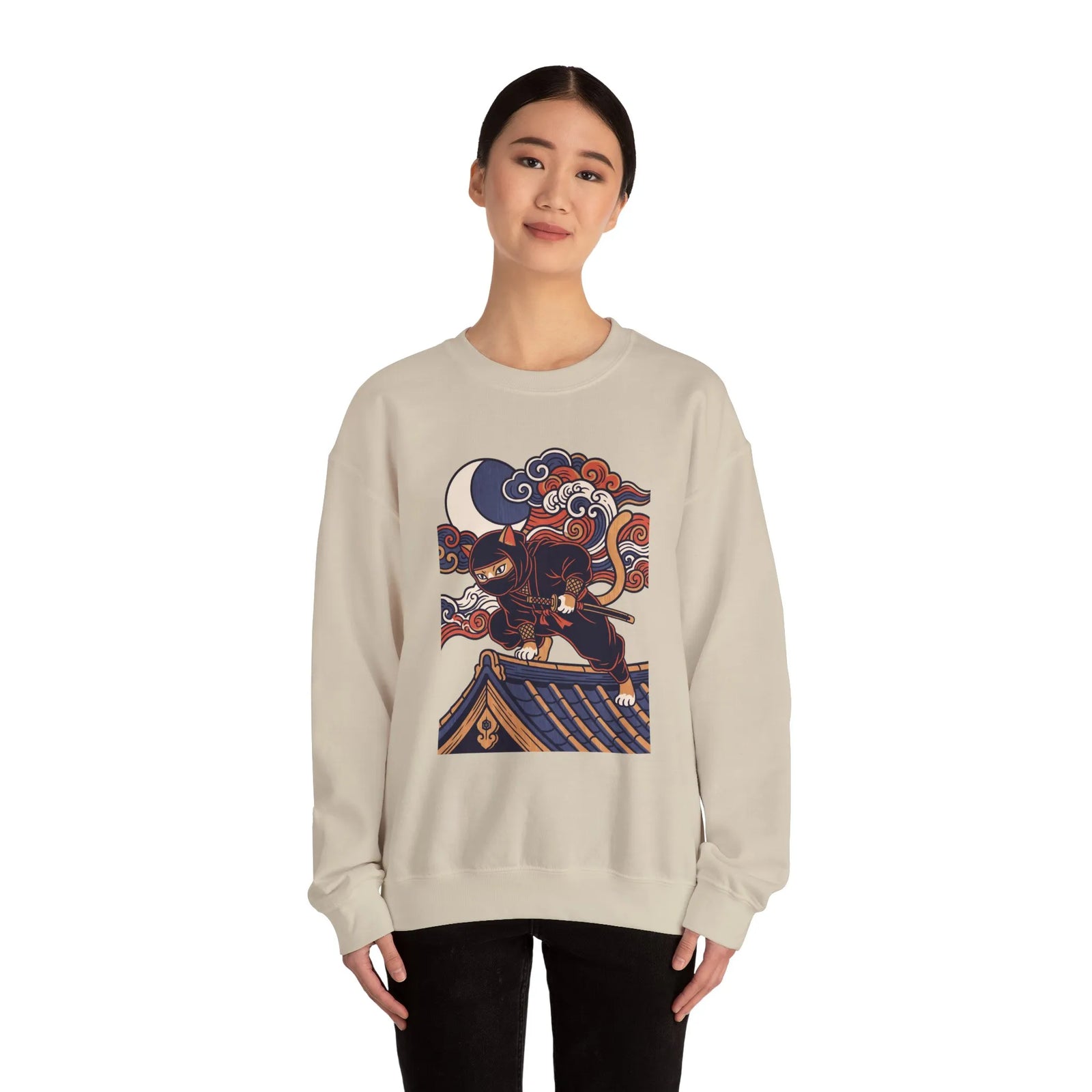 Ninja Cat Ukiyo-e Samurai Sweatshirt - Soft Heavyweight Fleece Crewneck - Unisex White