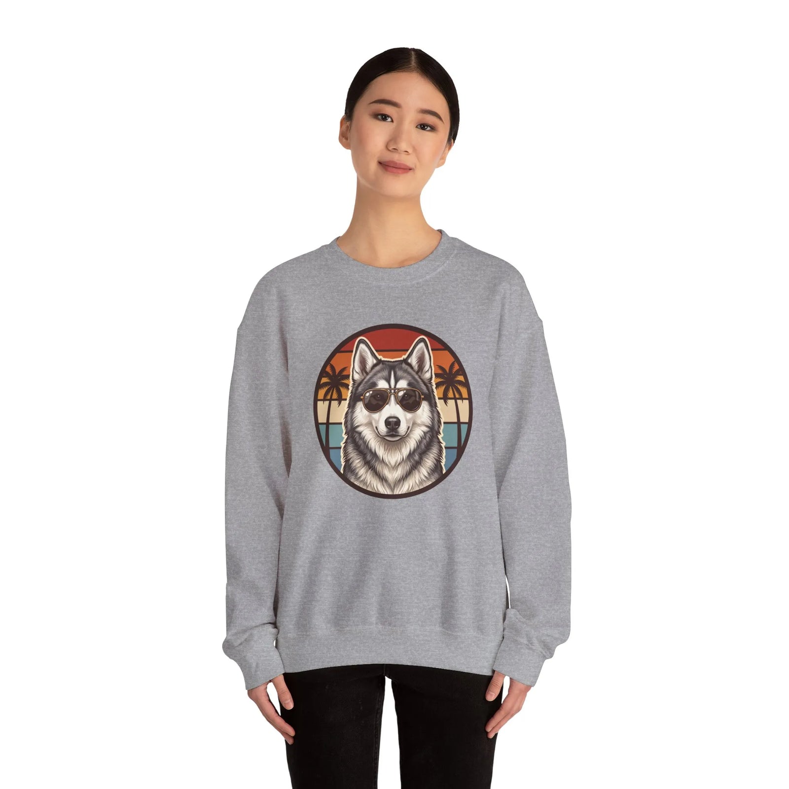 Siberian Husky 70s Sunset Aviators Sweatshirt - Heavyweight Cotton Blend Crewneck - Unisex White