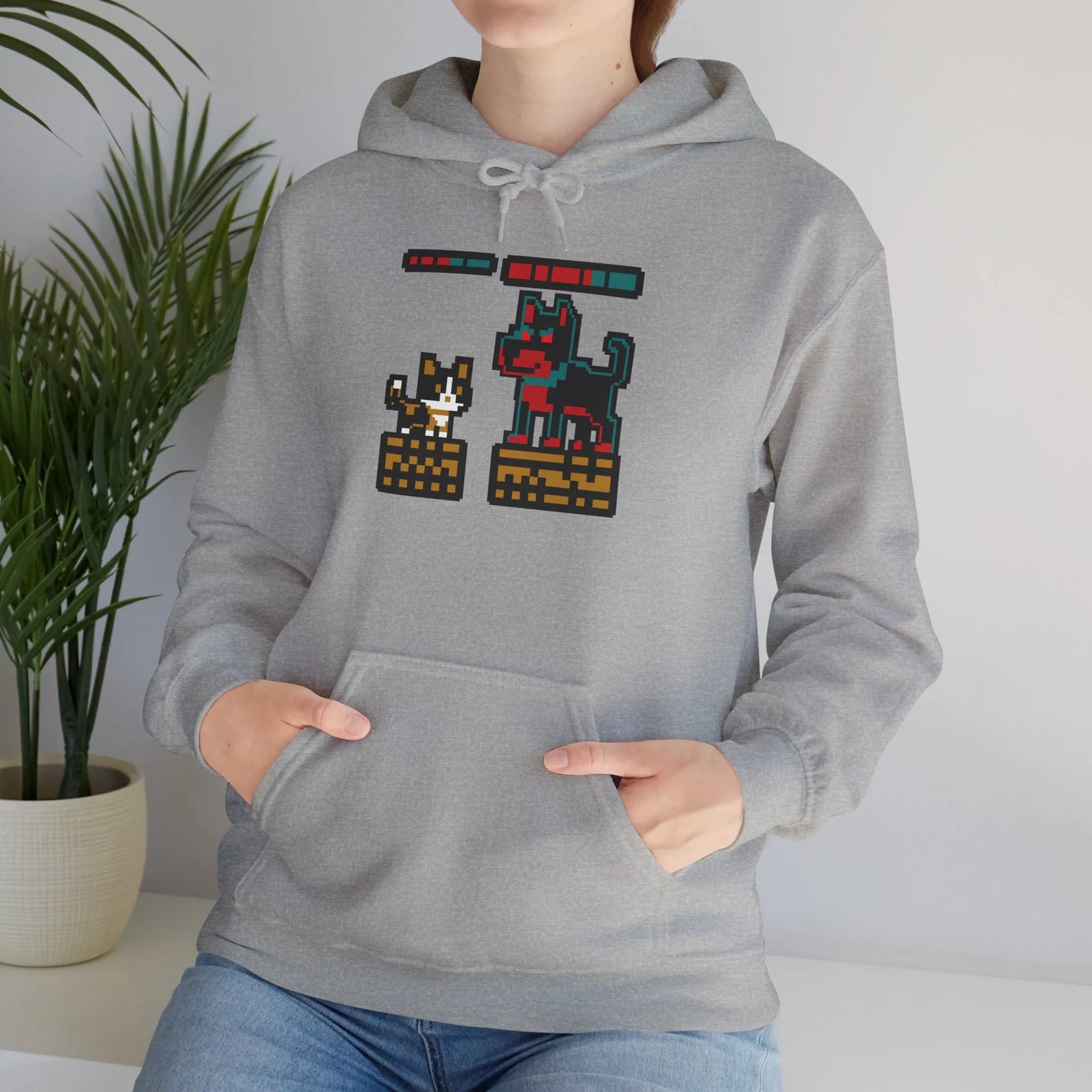 Boss Fight 8-Bit Pixel Gaming Cats Hoodie - Heavy Blend Fleece Pullover - Unisex White