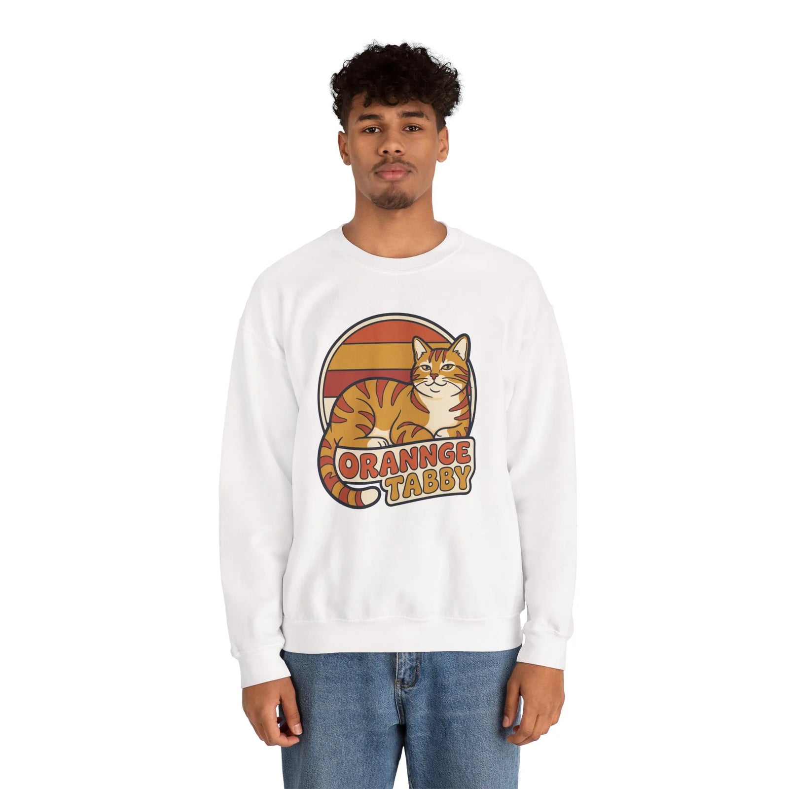 Orange Tabby Retro Sunset Graphic Sweatshirt - Heavy Blend Crewneck Fleece - Unisex White