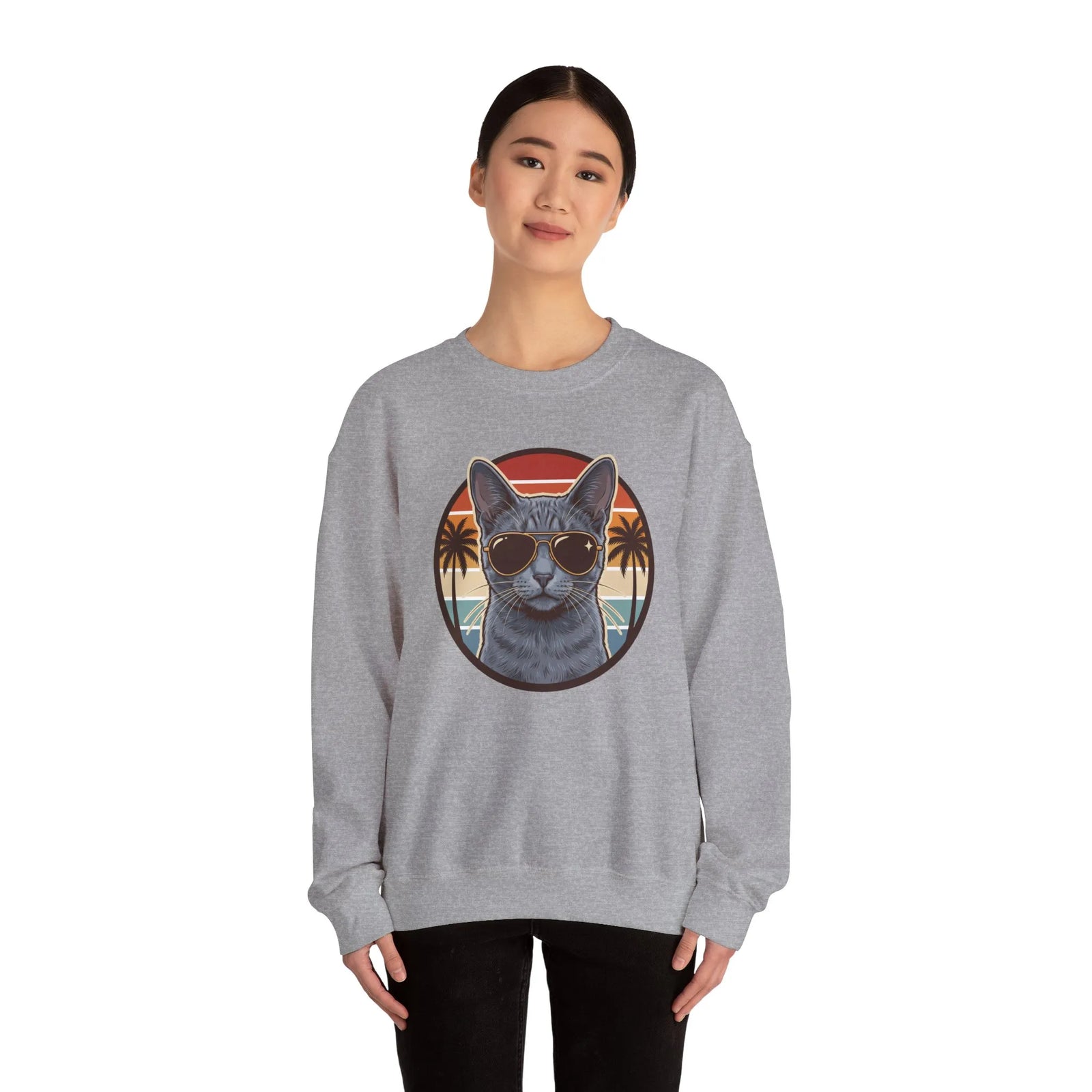 Russian Blue Cat Aviator Sunglasses Sweatshirt - Heavy Blend Fleece Crewneck - Unisex White
