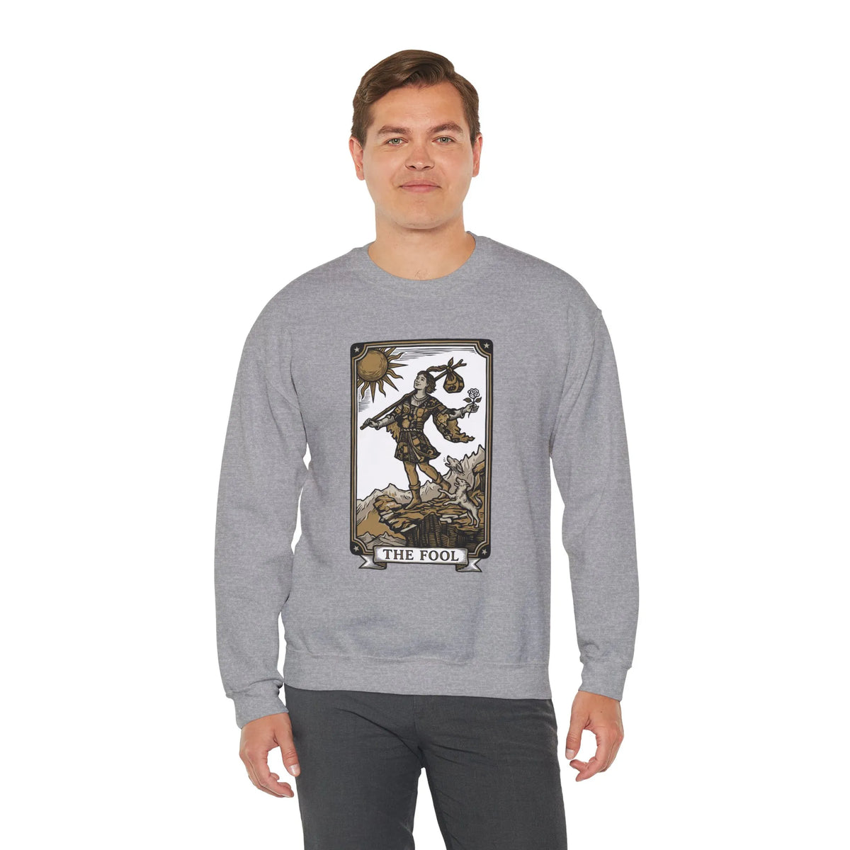 The Fool Tarot Card Graphic Sweatshirt - Heavy Blend Crewneck Fleece - Unisex White