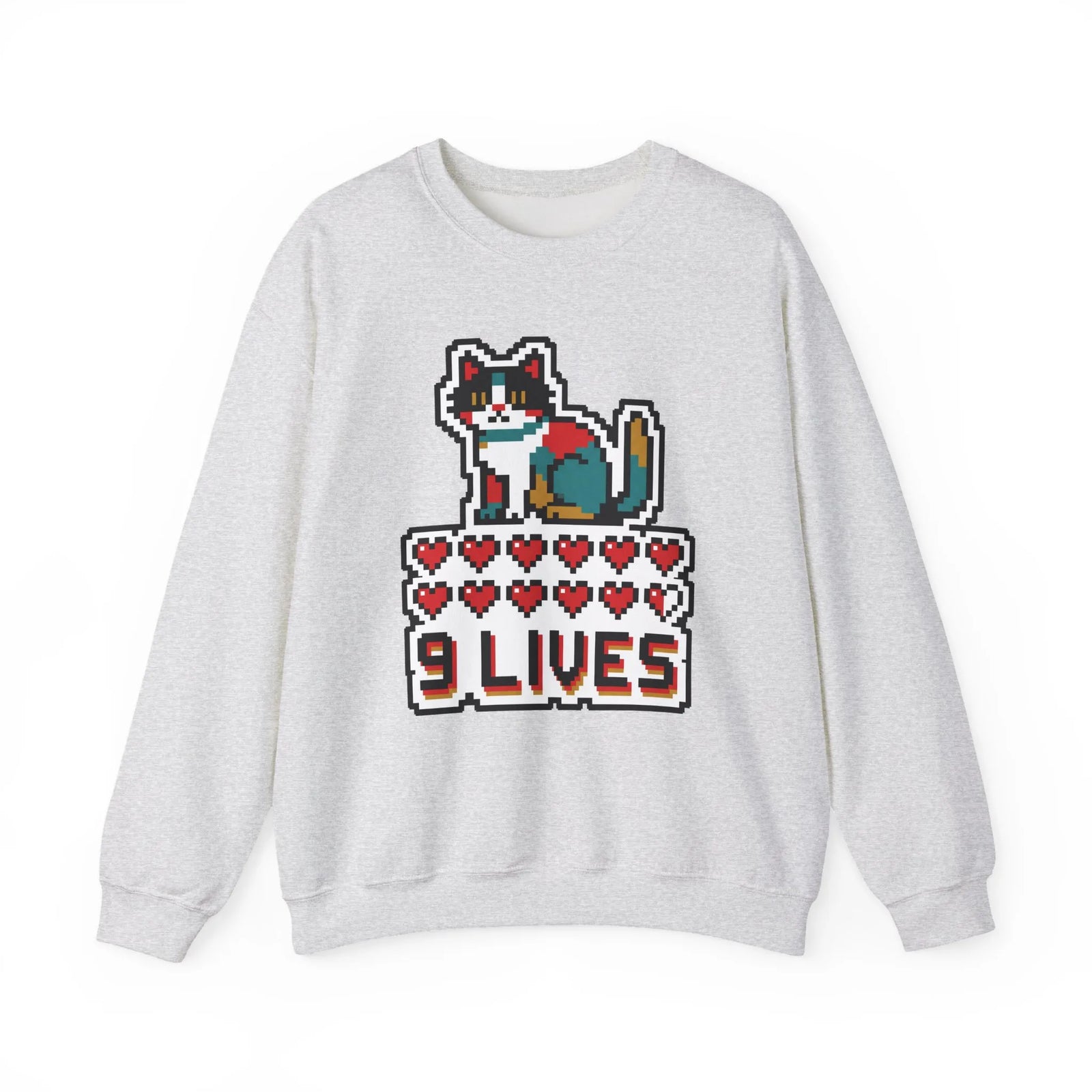 Nine Lives 8-Bit Pixel Gaming Cat Sweatshirt - Heavy Blend Fleece Crewneck - Unisex White