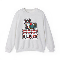 Nine Lives 8-Bit Pixel Gaming Cat Sweatshirt - Heavy Blend Fleece Crewneck - Unisex White