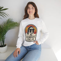 Border Collie Retro Sunset Sweatshirt - Heavy Blend Cotton Blend Crewneck - Unisex White