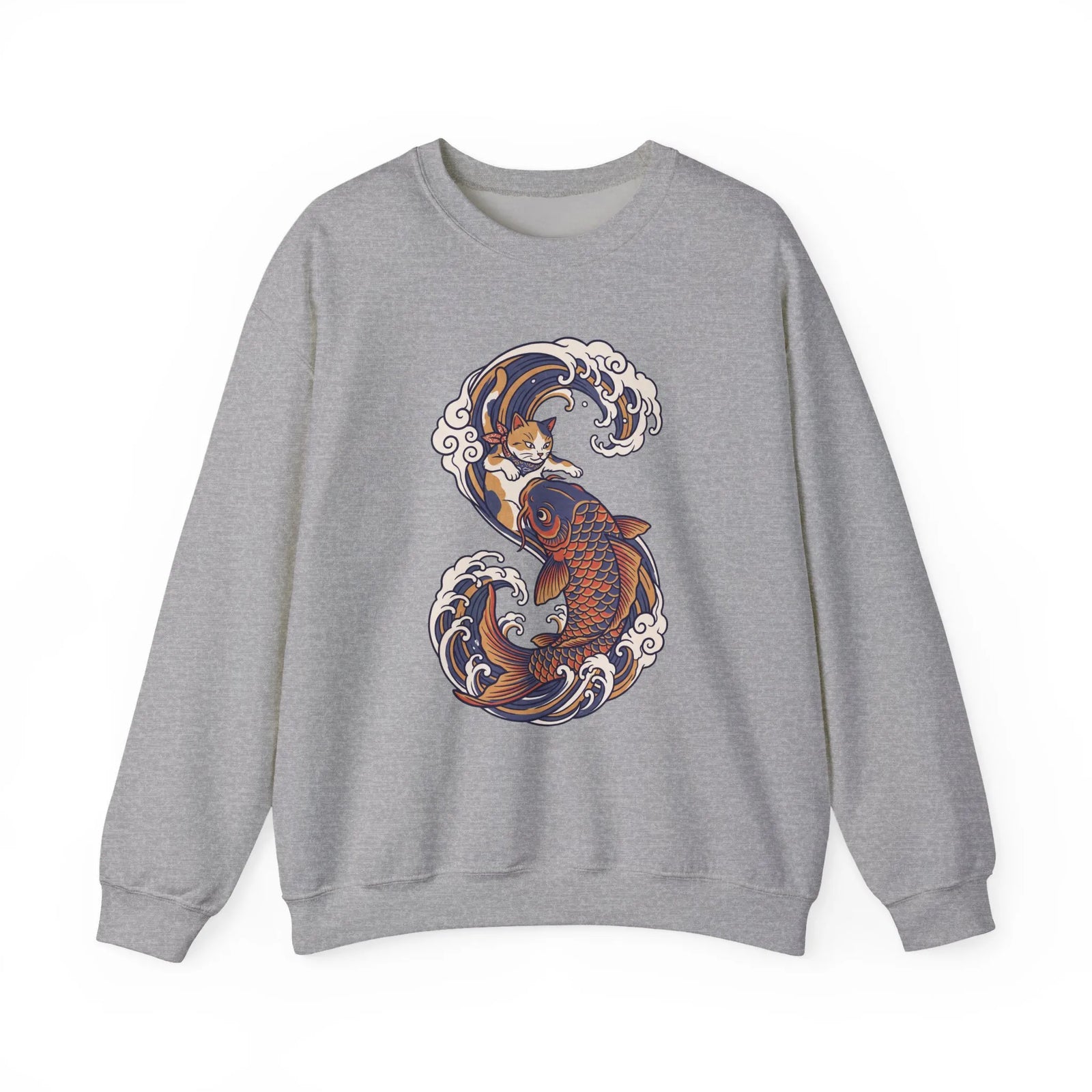 Koi Rider Ukiyo-e Samurai Cats Sweatshirt - Heavy Blend Fleece Crewneck - Unisex Ash